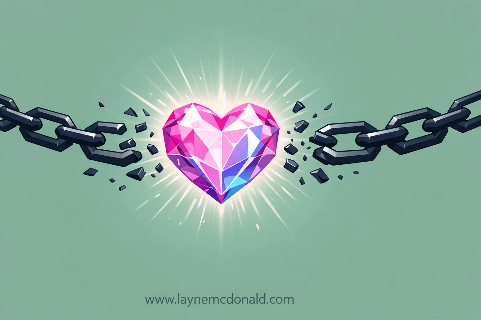 Graphic of chains breaking from a heart symbolizing the freedom of forgiveness and spiritual healing, www.laynemcdonald.com.