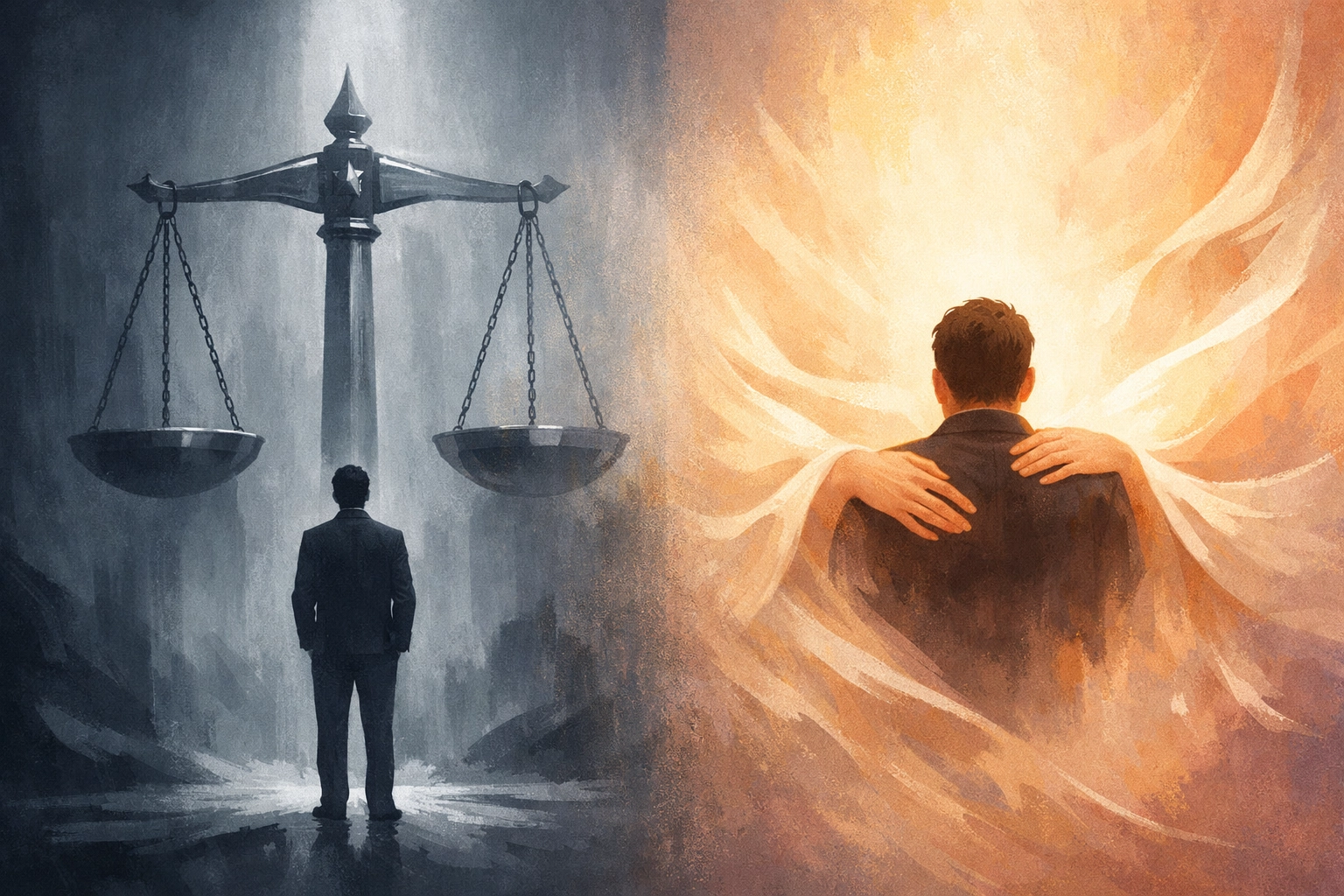 Split image contrasting scales of justice with warm light representing grace and mercy in forgiveness