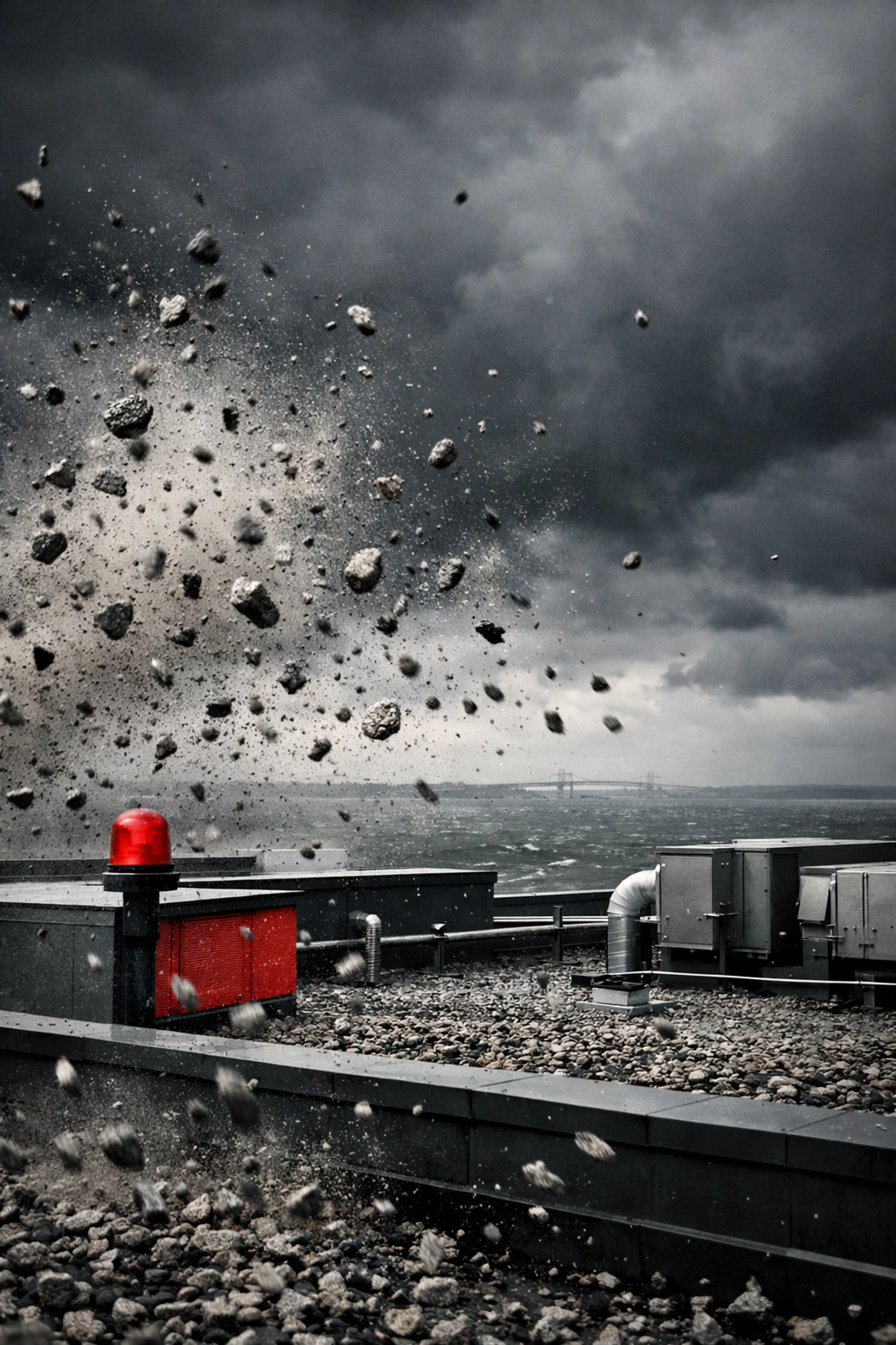 Wind storm blowing gravel off ballasted roof on Delmarva Peninsula