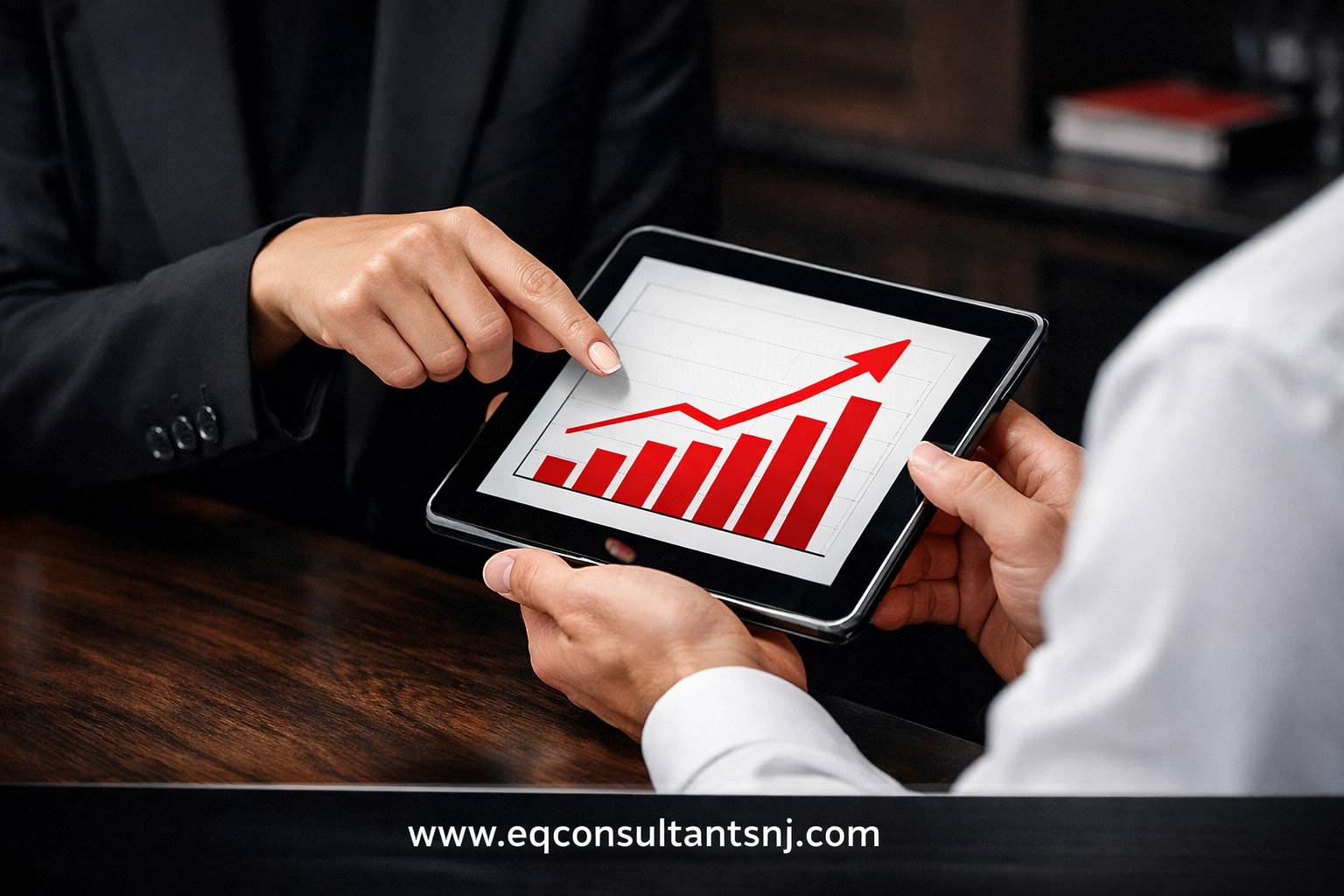 Consultant and fractional CFO reviewing a growth chart on a tablet, illustrating expert financial guidance and partnership.