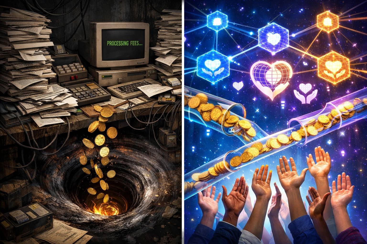 Traditional charity systems vs blockchain crypto donations comparison showing Larecoin's innovative approach