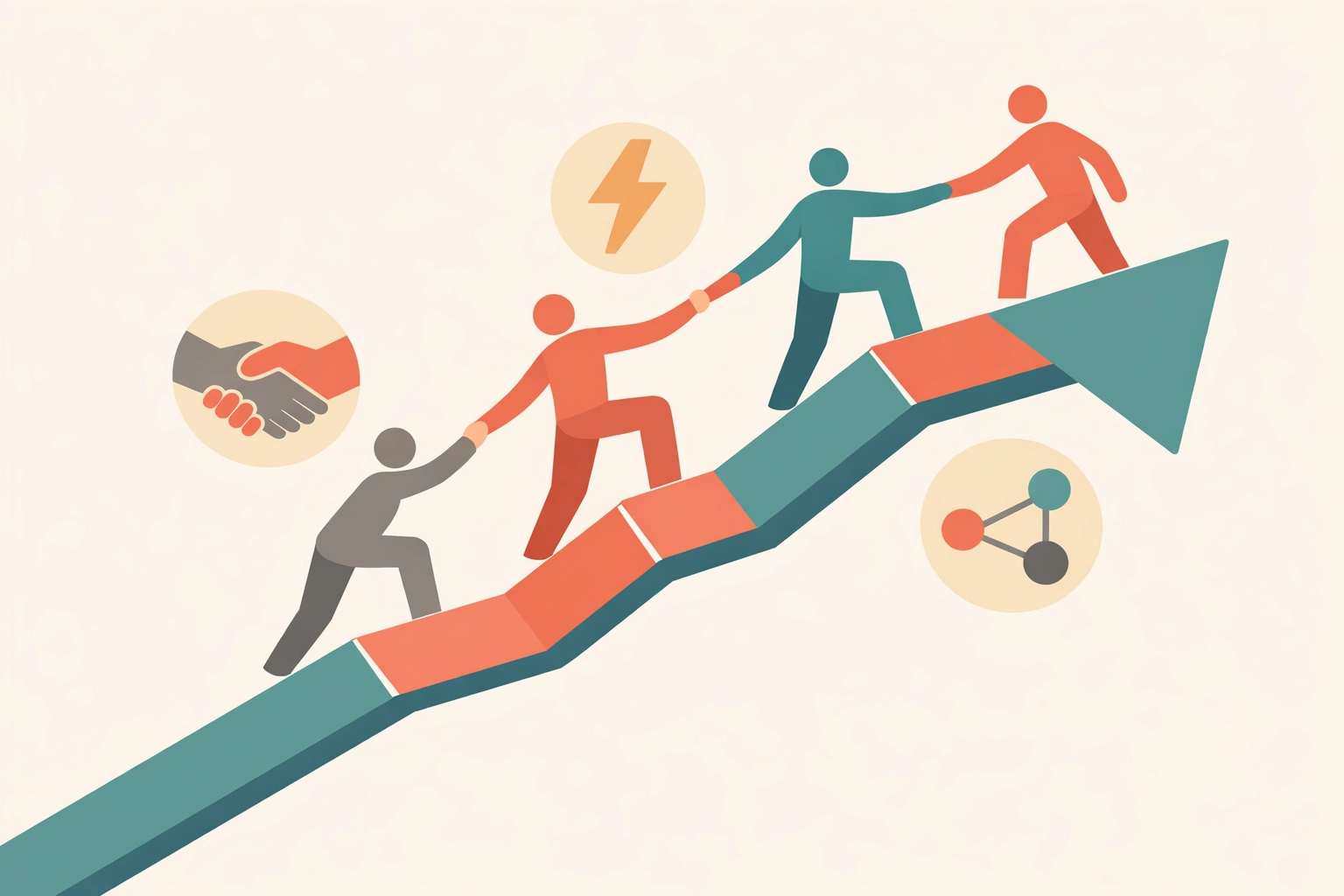 Team members supporting each other while climbing upward growth trajectory in vocational services