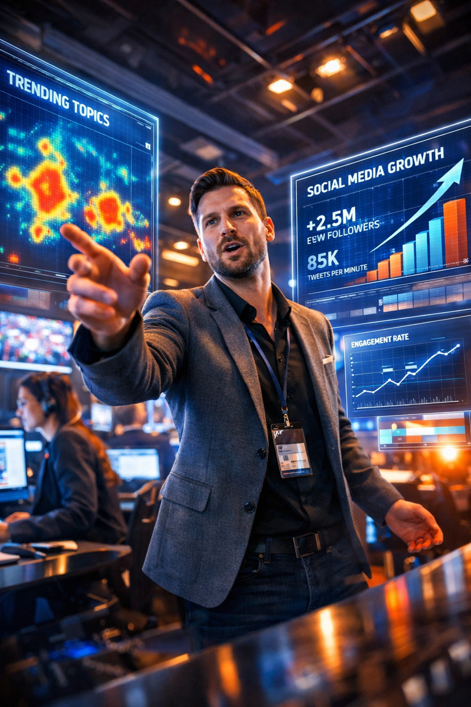 Marketing professional analyzing real-time Super Bowl data and social media trends in a digital war room.