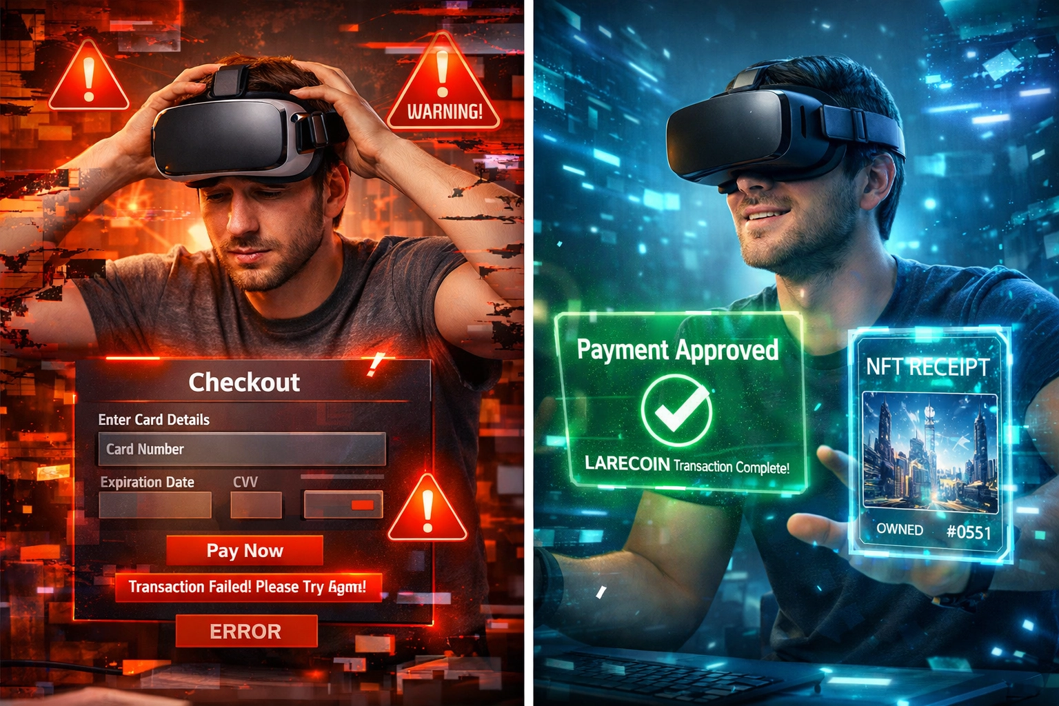 Comparison of traditional VR checkout friction versus seamless Larecoin in-experience crypto payment with NFT receipt