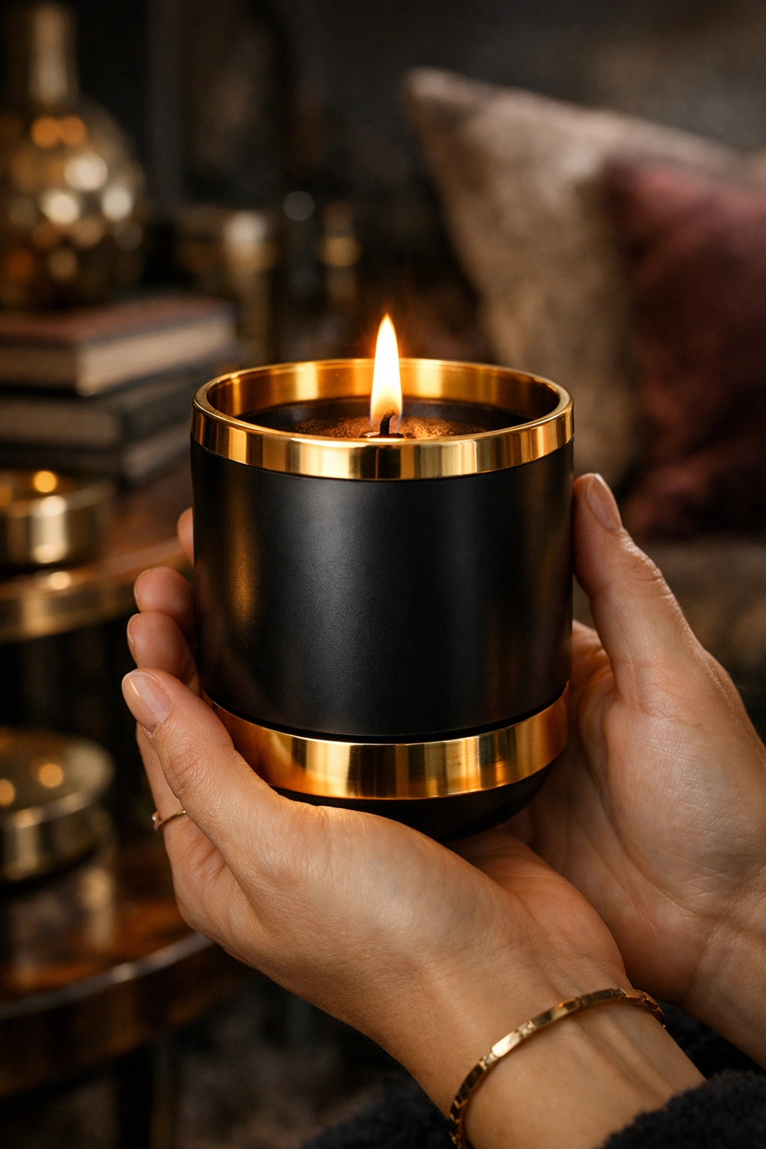 Hands holding luxury Black-owned candle with gold accents in elegant home setting