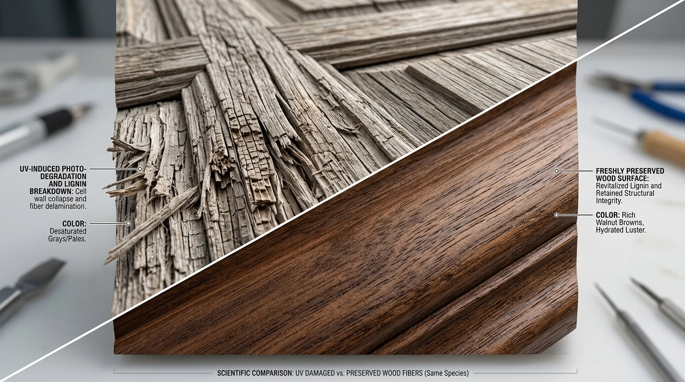 A macro view showing the technical difference between UV-damaged, graying wood fibers and a freshly preserved, vibrant wood surface.