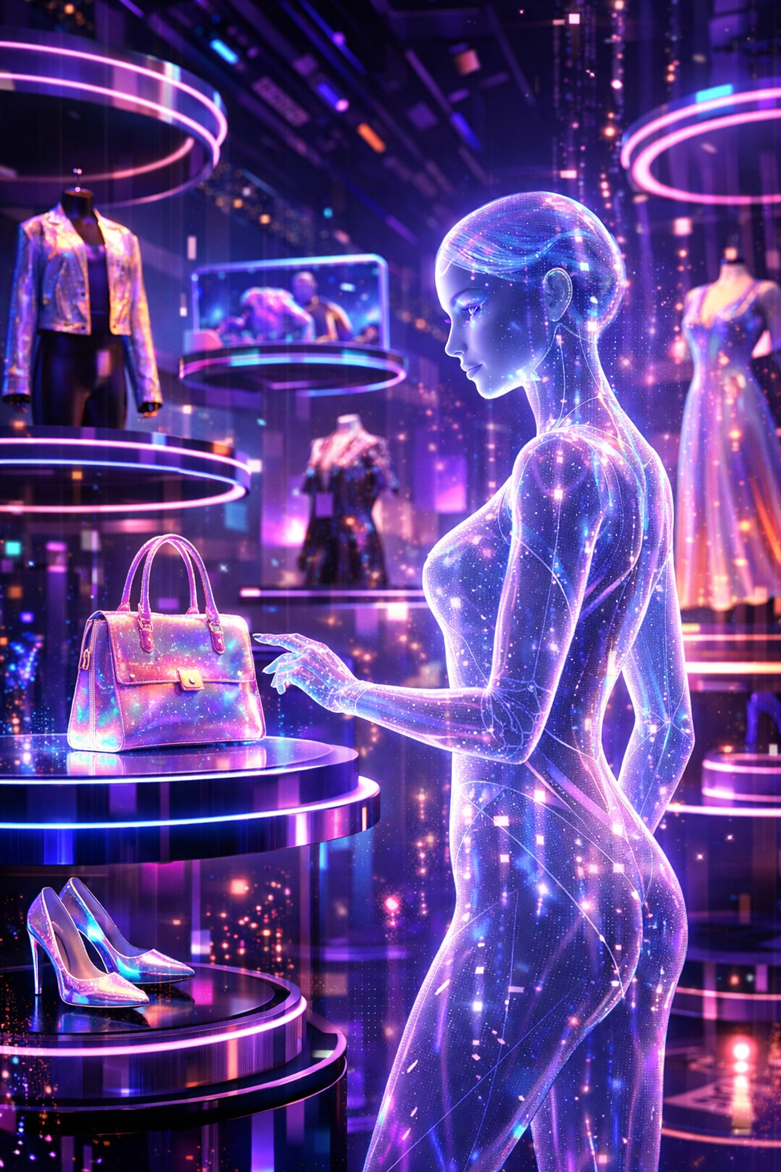 Futuristic AI assistant navigating a metaverse boutique for seamless Web3 shopping and digital payments.