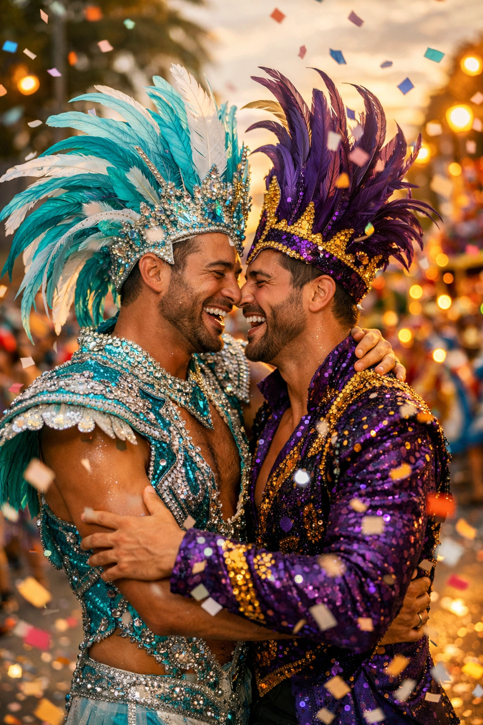 Two men in colorful Carnival costumes dancing during Rio celebration - gay romance inspiration