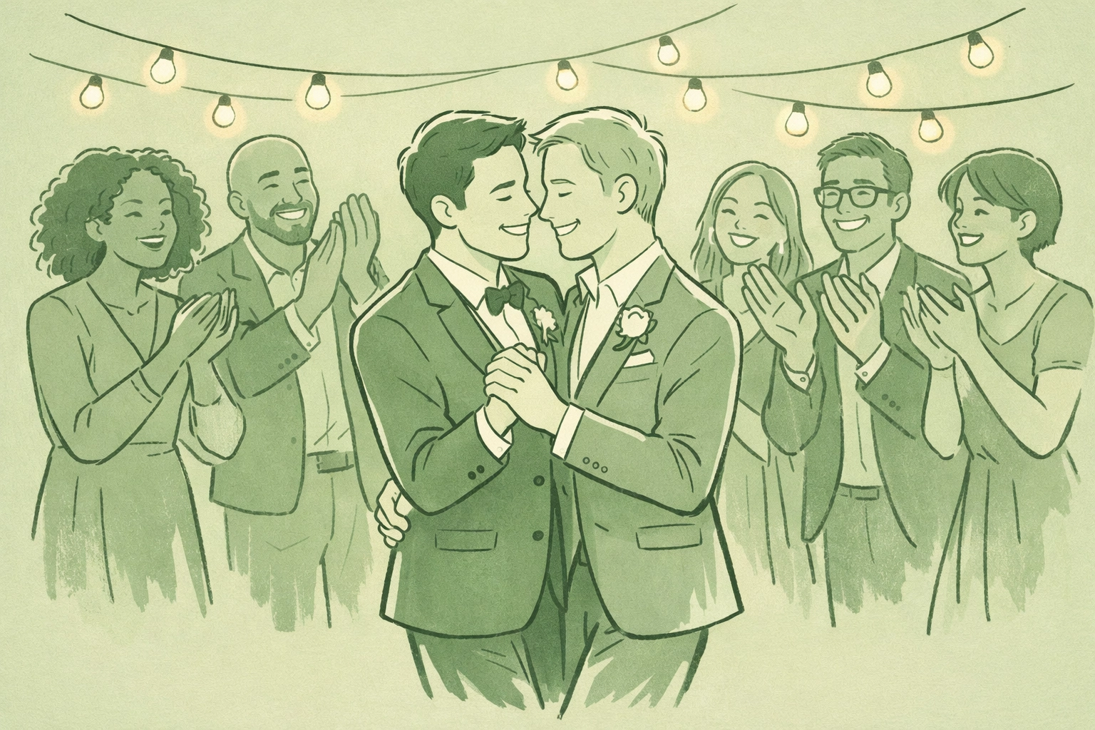 Two grooms dancing at wedding reception surrounded by chosen family and celebrating friends