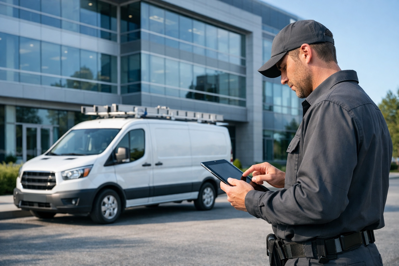 Professional service company technician and vehicle operating during a confidential business sale in North Carolina.