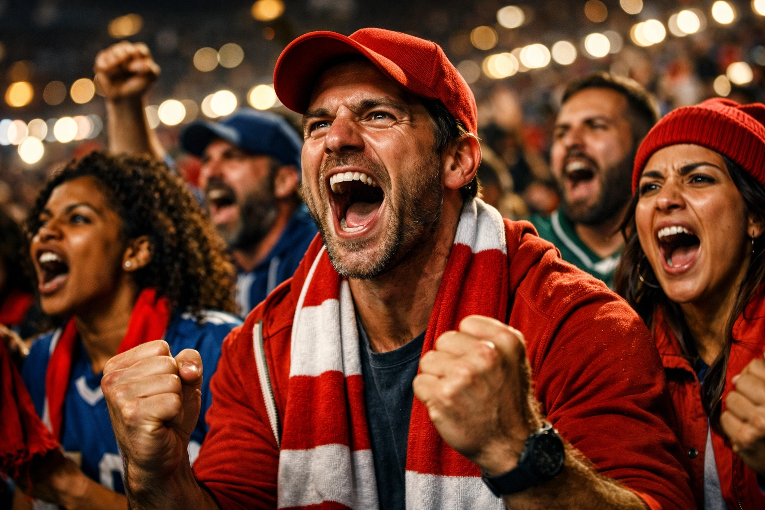 Excited sports fans in stadium stands illustrating positive audience sentiment and brand engagement.