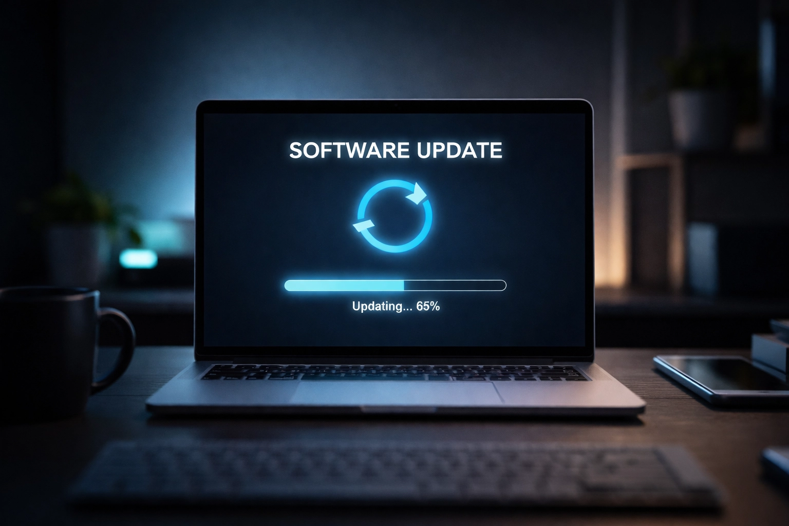Laptop showing a software update progress bar, illustrating secure network patching for small businesses