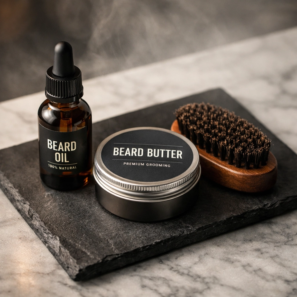 Professional beard grooming kit with oil, butter, and brush for a layered scent routine.