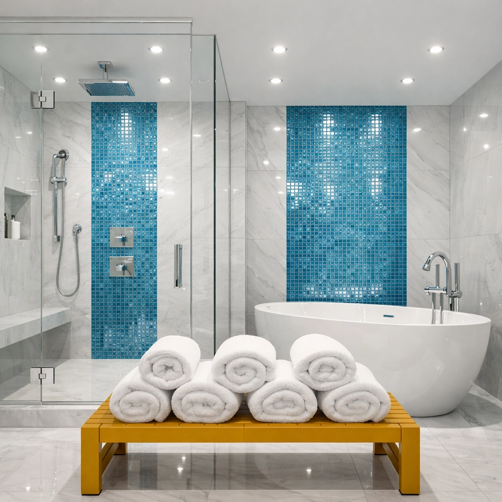 Spotless luxury bathroom in North Falmouth with a sparkling glass shower after a professional clean.