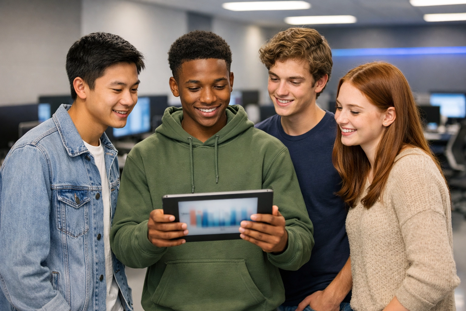 Four high school students collaborating on digital data in a modern STEM lab as part of an esports program.