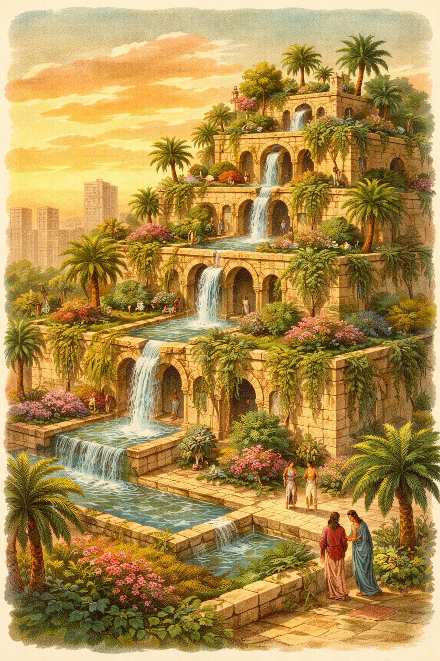 Illustration of the Hanging Gardens of Babylon with tiered lush greenery and flowing aqueducts depicting early vertical farming.