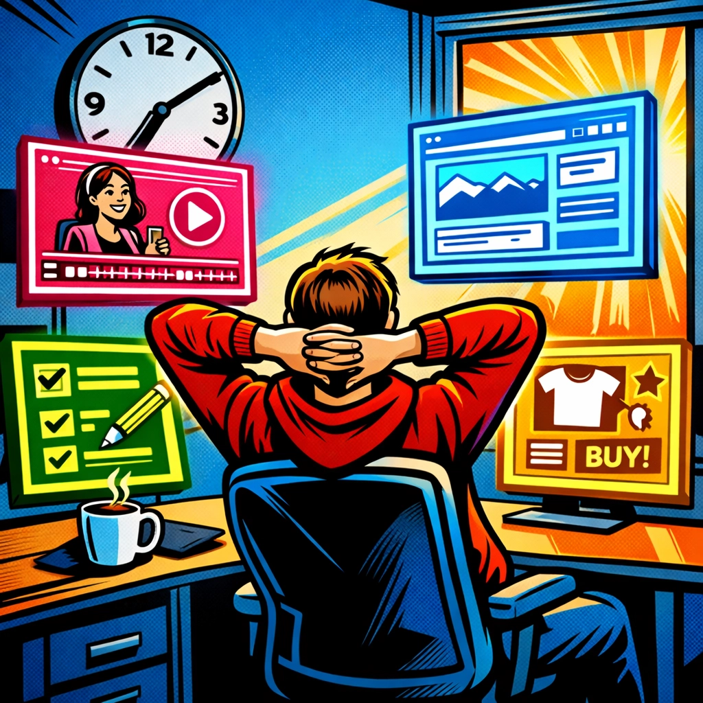 Small business owner using AI content tools to efficiently manage multiple content pieces simultaneously