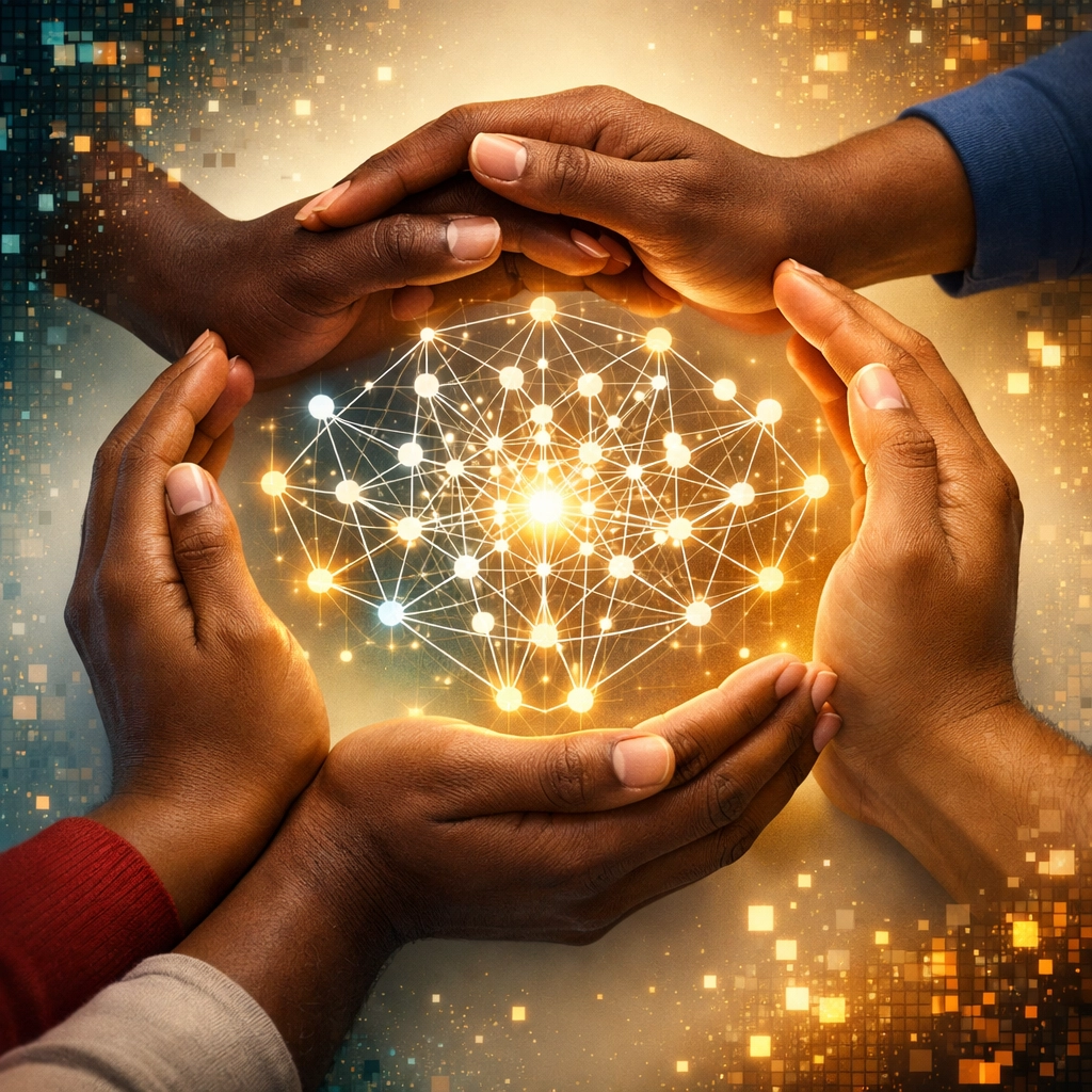 Diverse team hands collaboratively protecting AI neural network representing shared governance