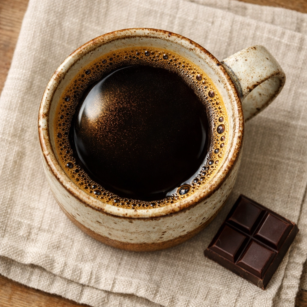 A perfectly brewed cup of black speciality coffee in a handcrafted ceramic mug.