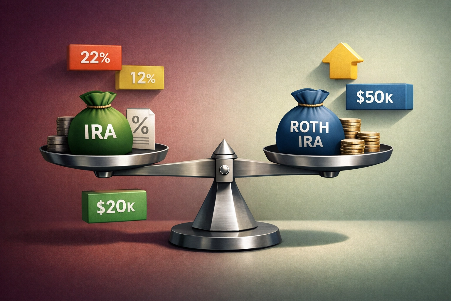 Balance scale showing traditional IRA and Roth IRA tax planning strategy