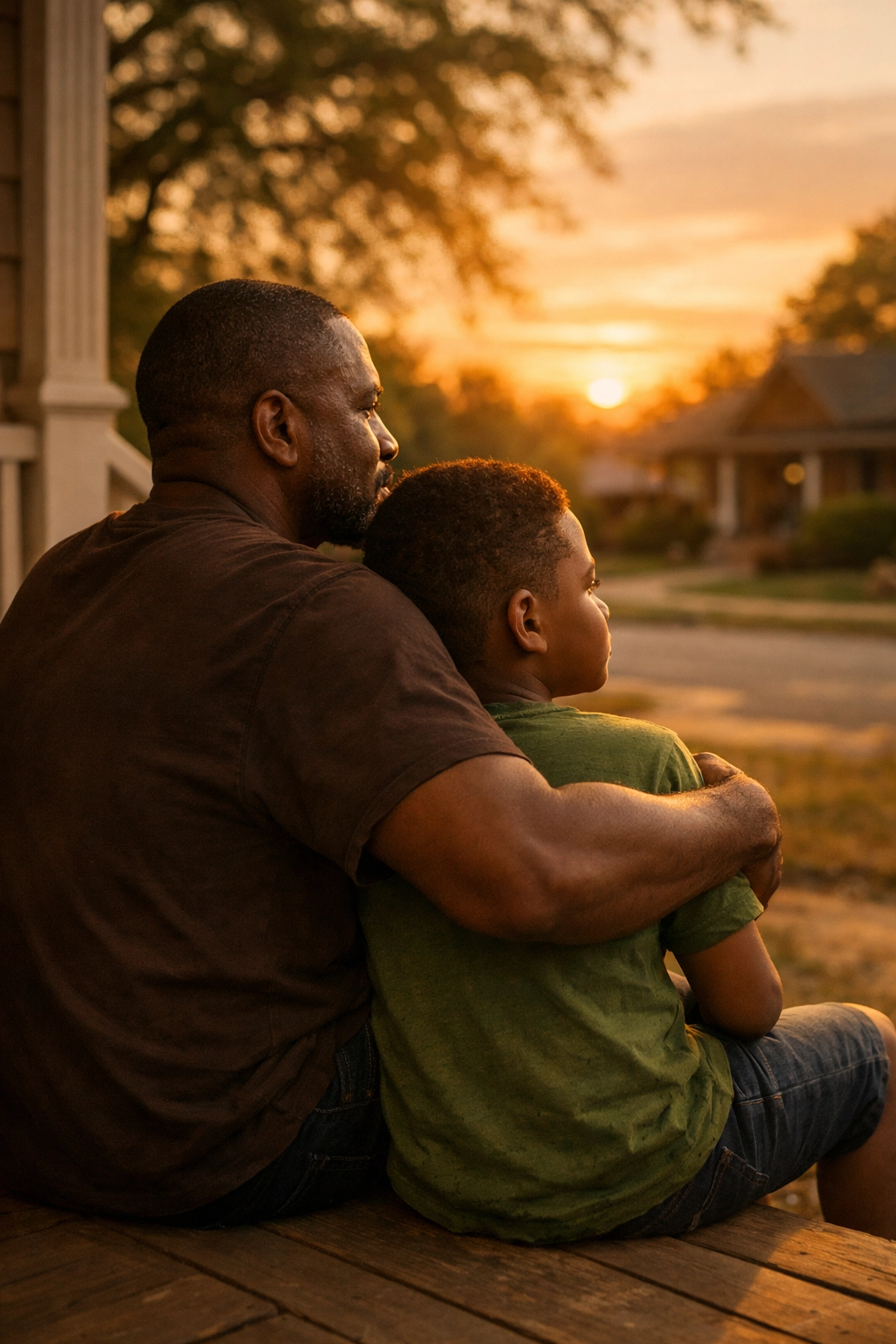 Black father embracing son on porch at sunset, breaking generational trauma cycles