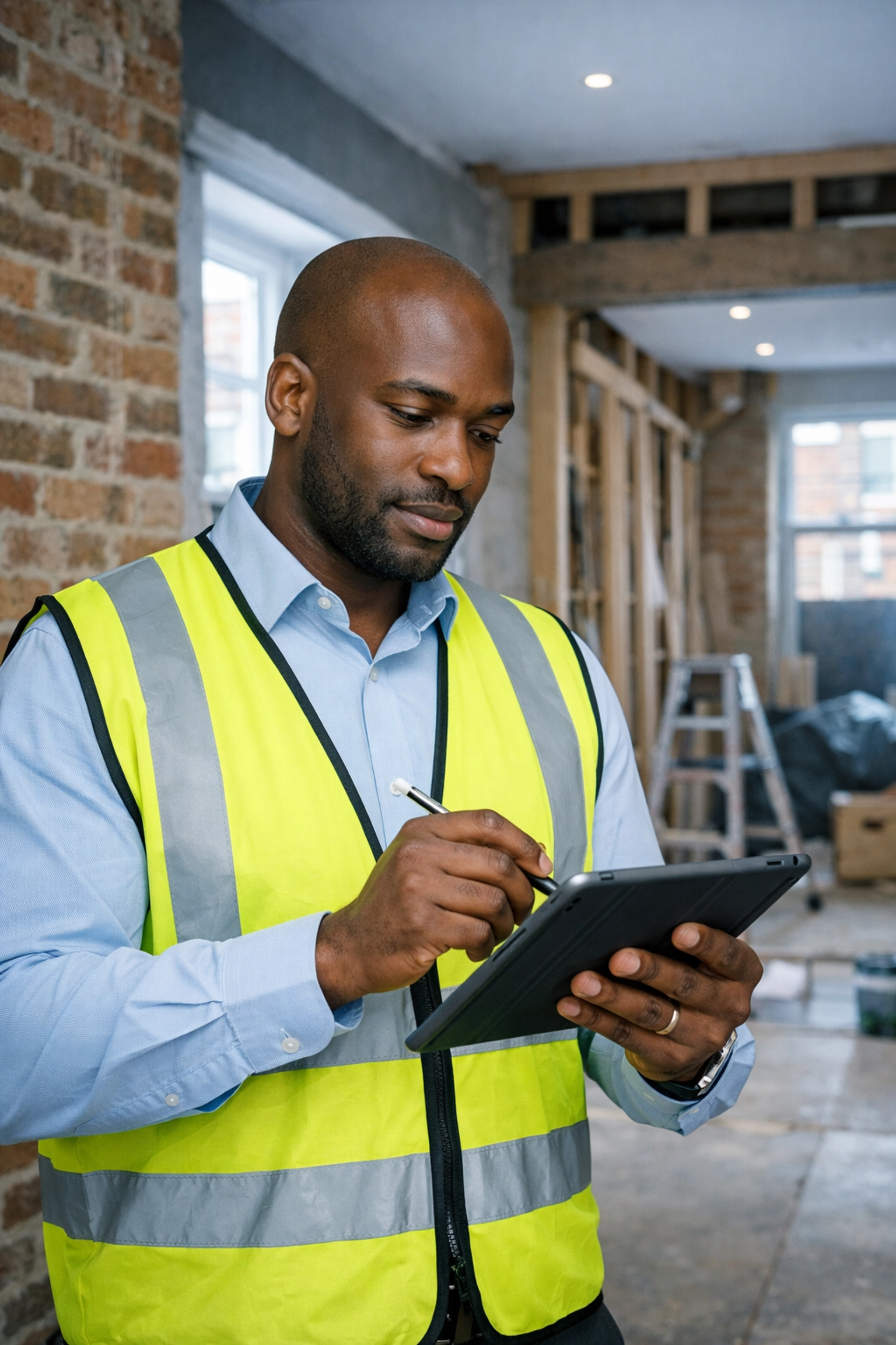 A professional building surveyor using a tablet during a site inspection of a renovated London property.