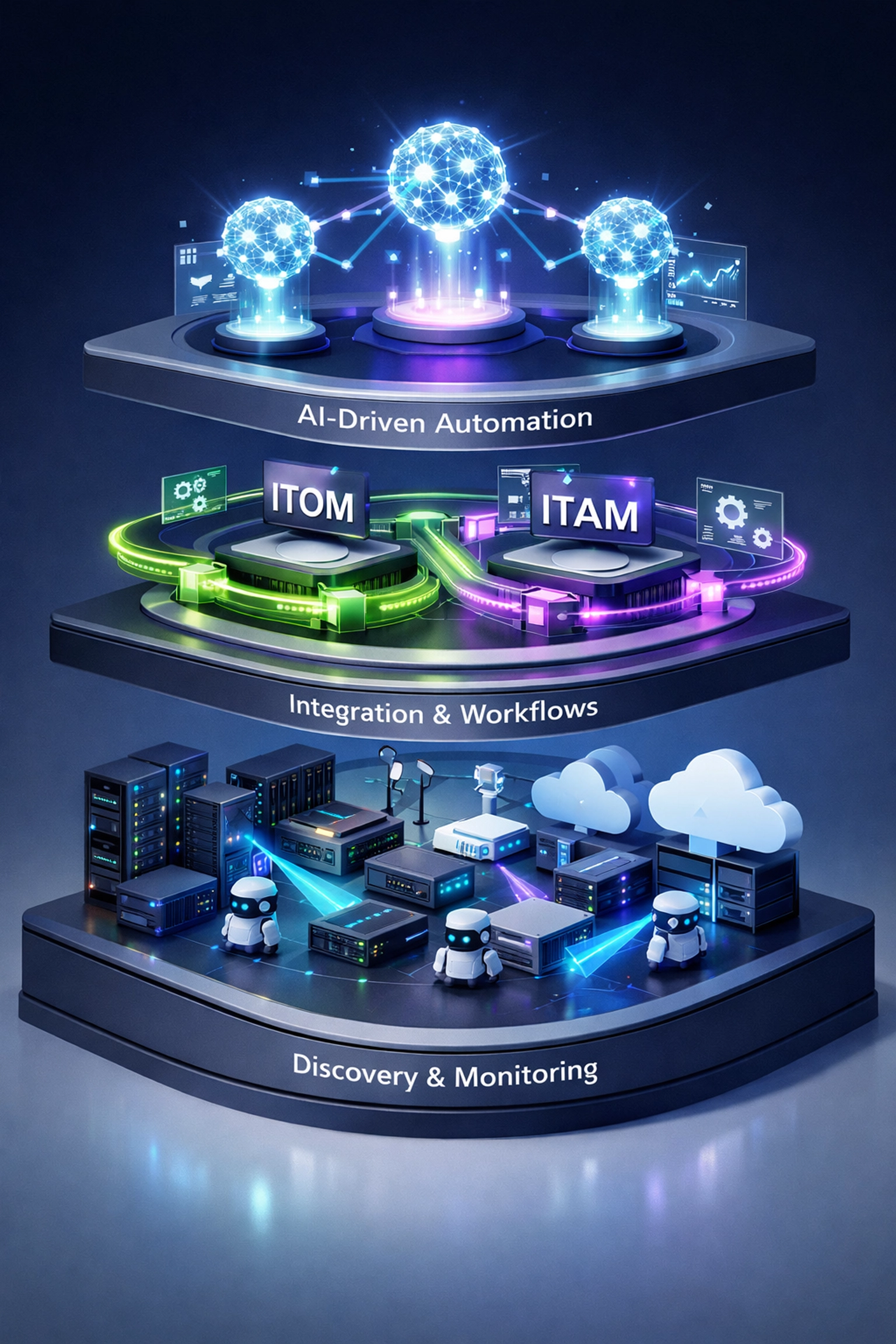 Three-phase ServiceNow ITOM implementation architecture with AI-driven automation layers