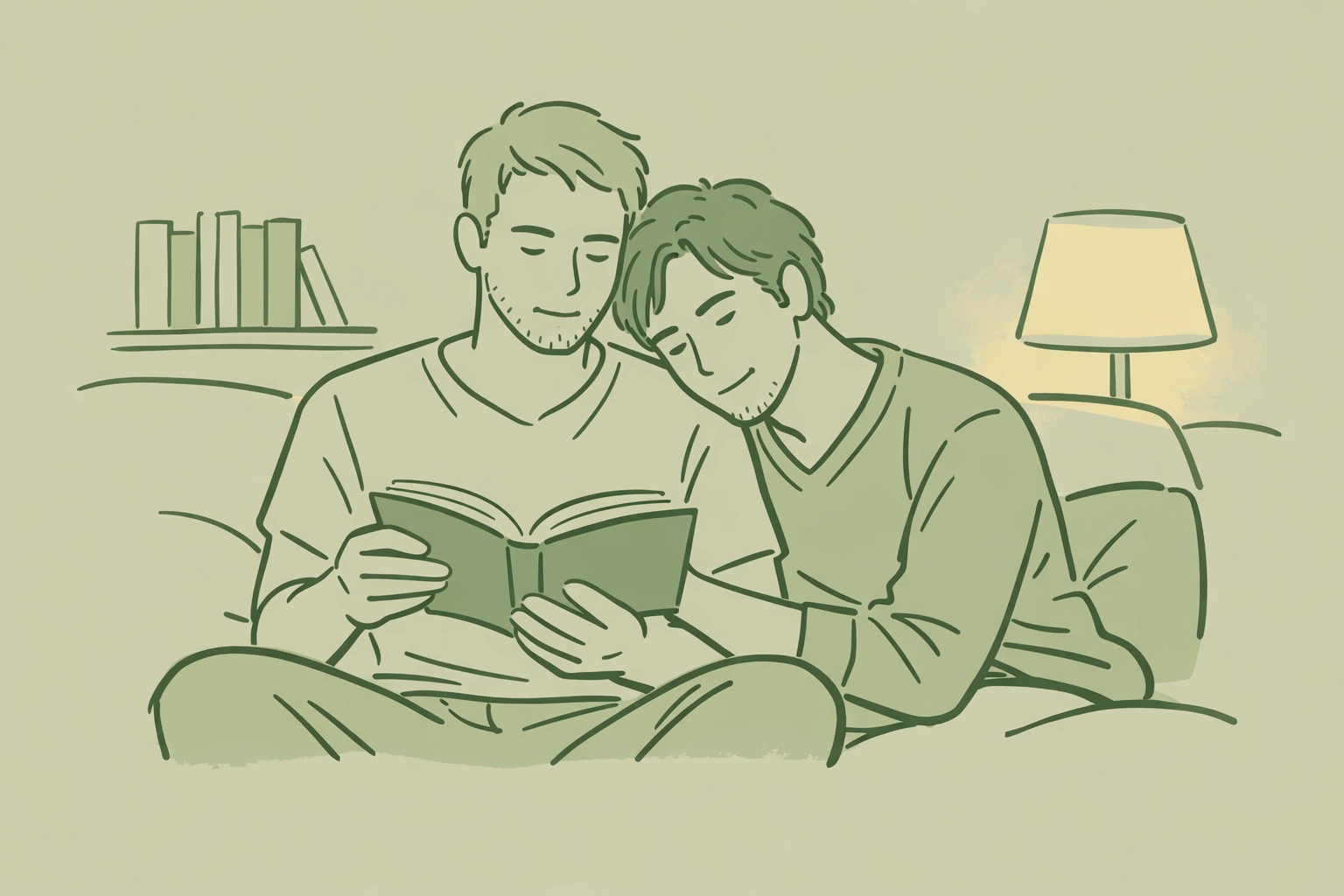 Two men reading gay romance novel together, human-curated LGBTQ+ fiction discovery