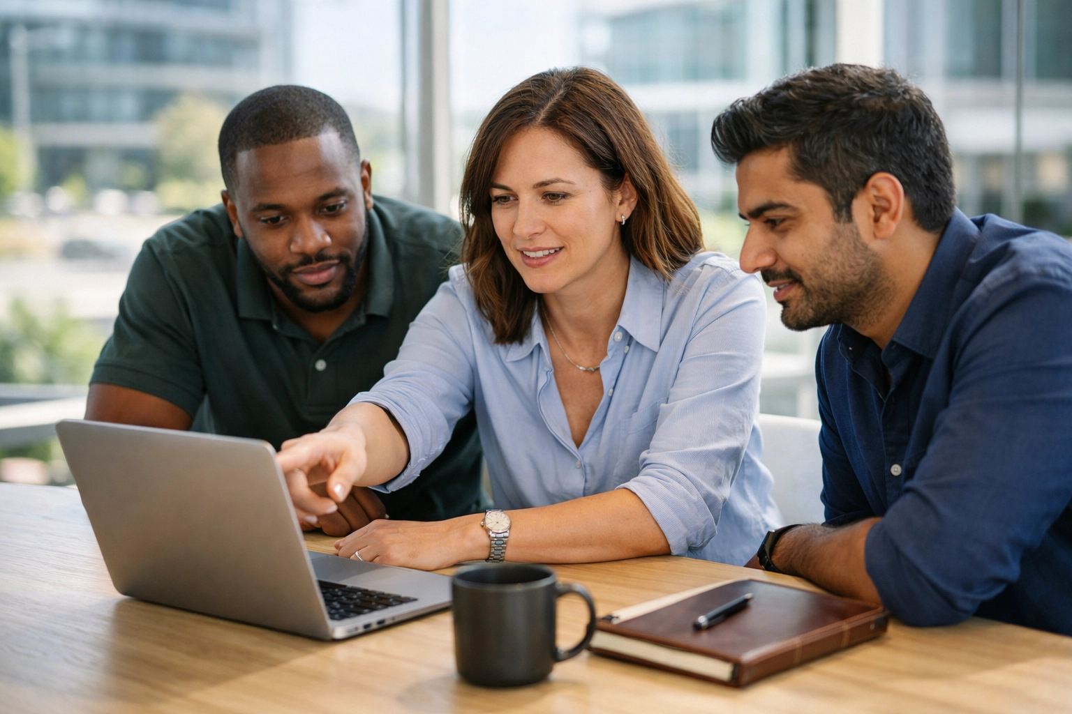 ServiceNow implementation partner team analyzing ITAM and ITOM data in a modern office.