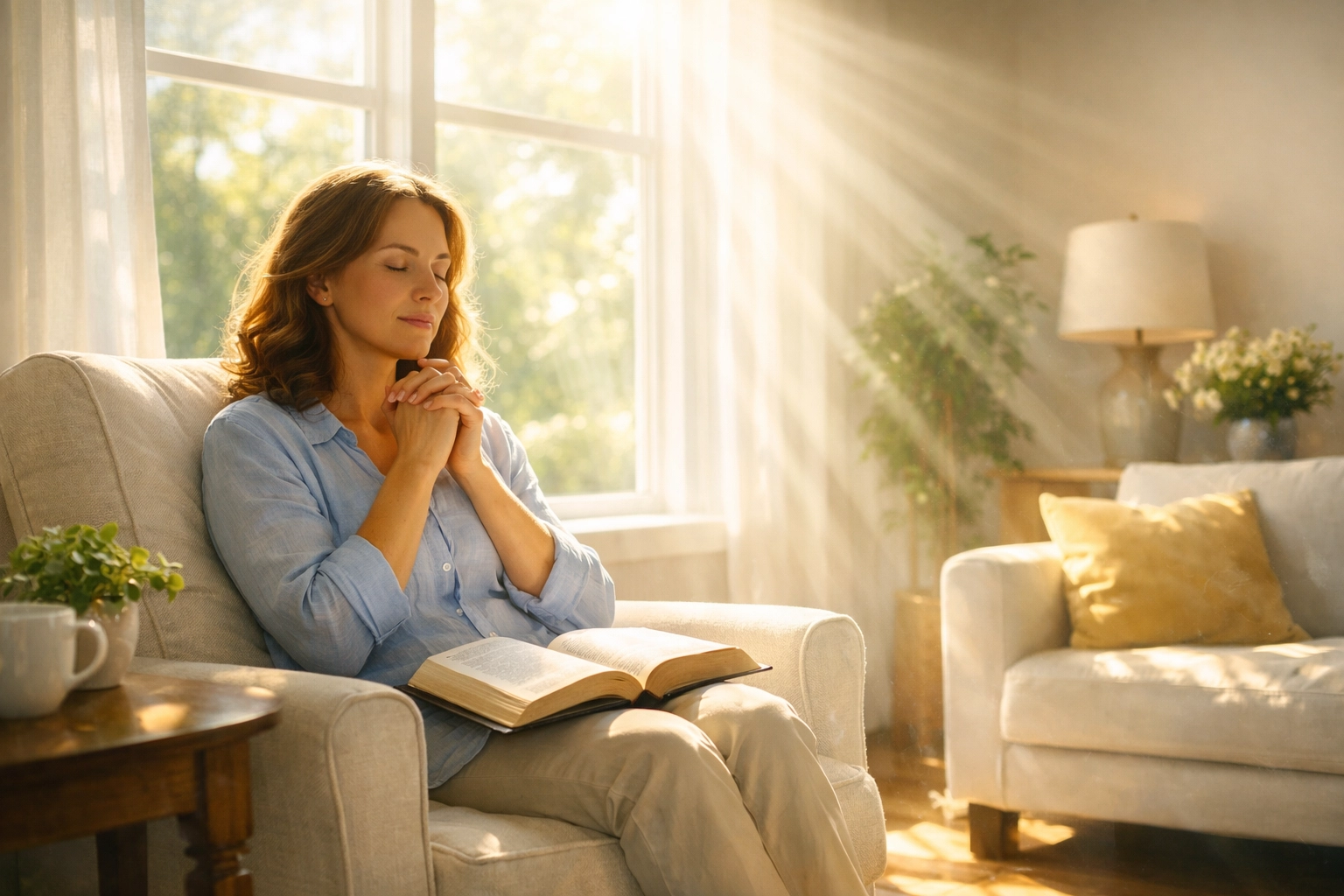 A woman praying with an open Bible in a bright living room, experiencing the light of grace.