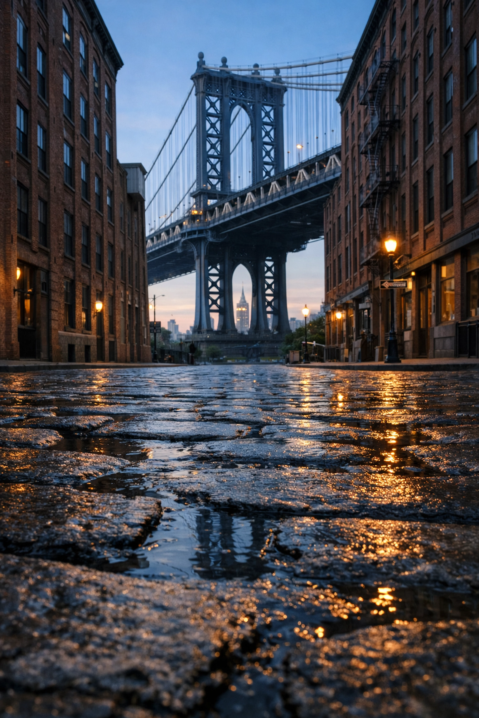 Iconic Manhattan Bridge view from Washington Street in DUMBO, a top NYC photography location.