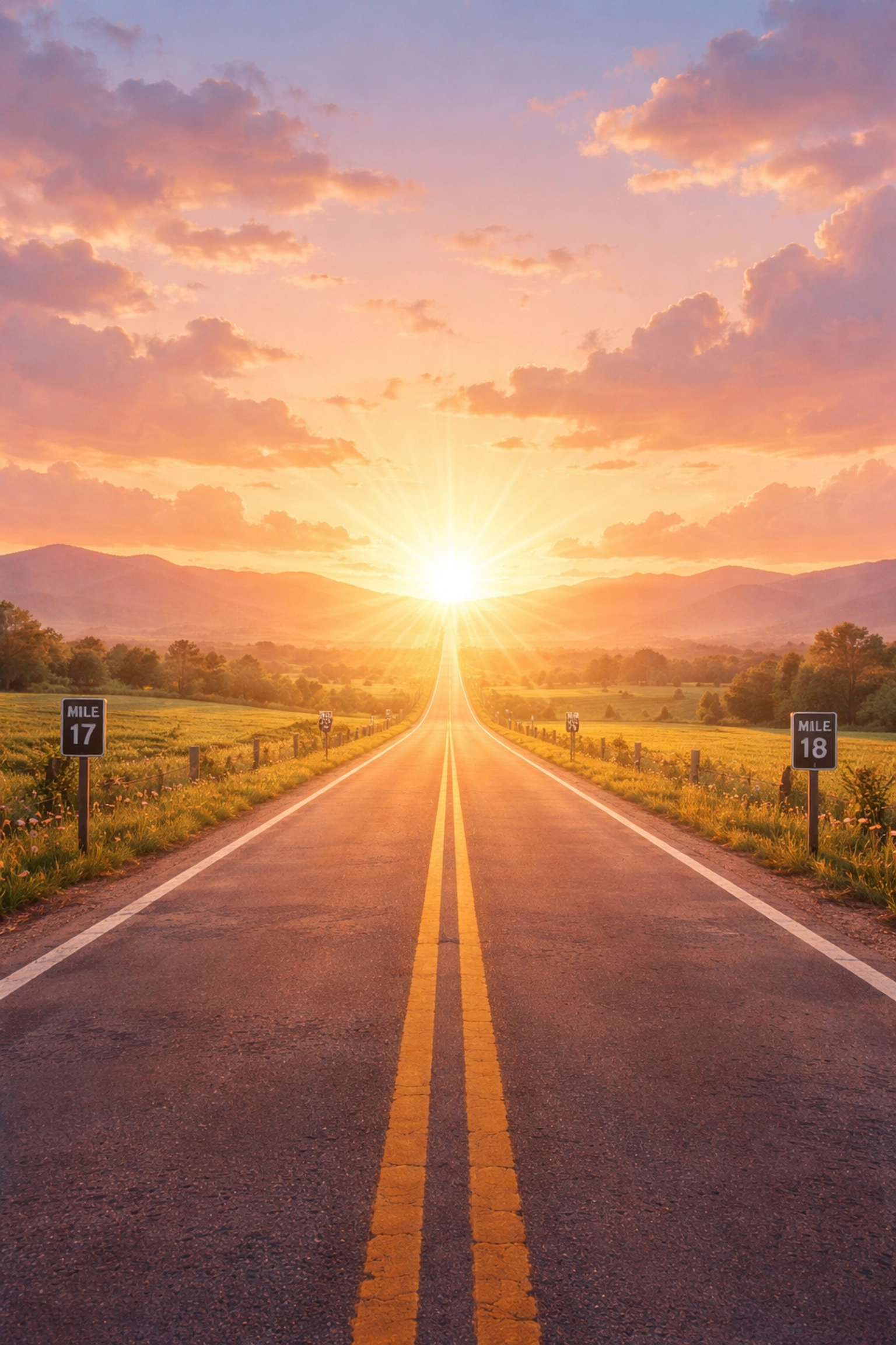 Illustration of an open road with mile markers and a glowing horizon, symbolizing spiritual journey and God's guidance.