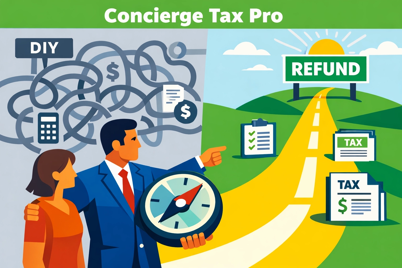 A concierge tax pro guiding a client through complex filings toward a maximum tax refund in New Haven.