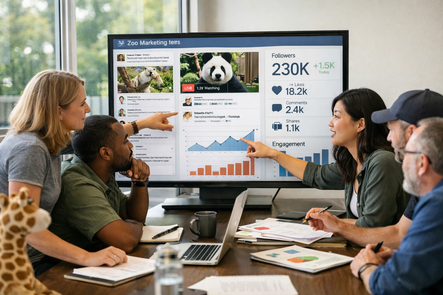 Zoo marketing team reviewing daily social media engagement metrics and wildlife content performance