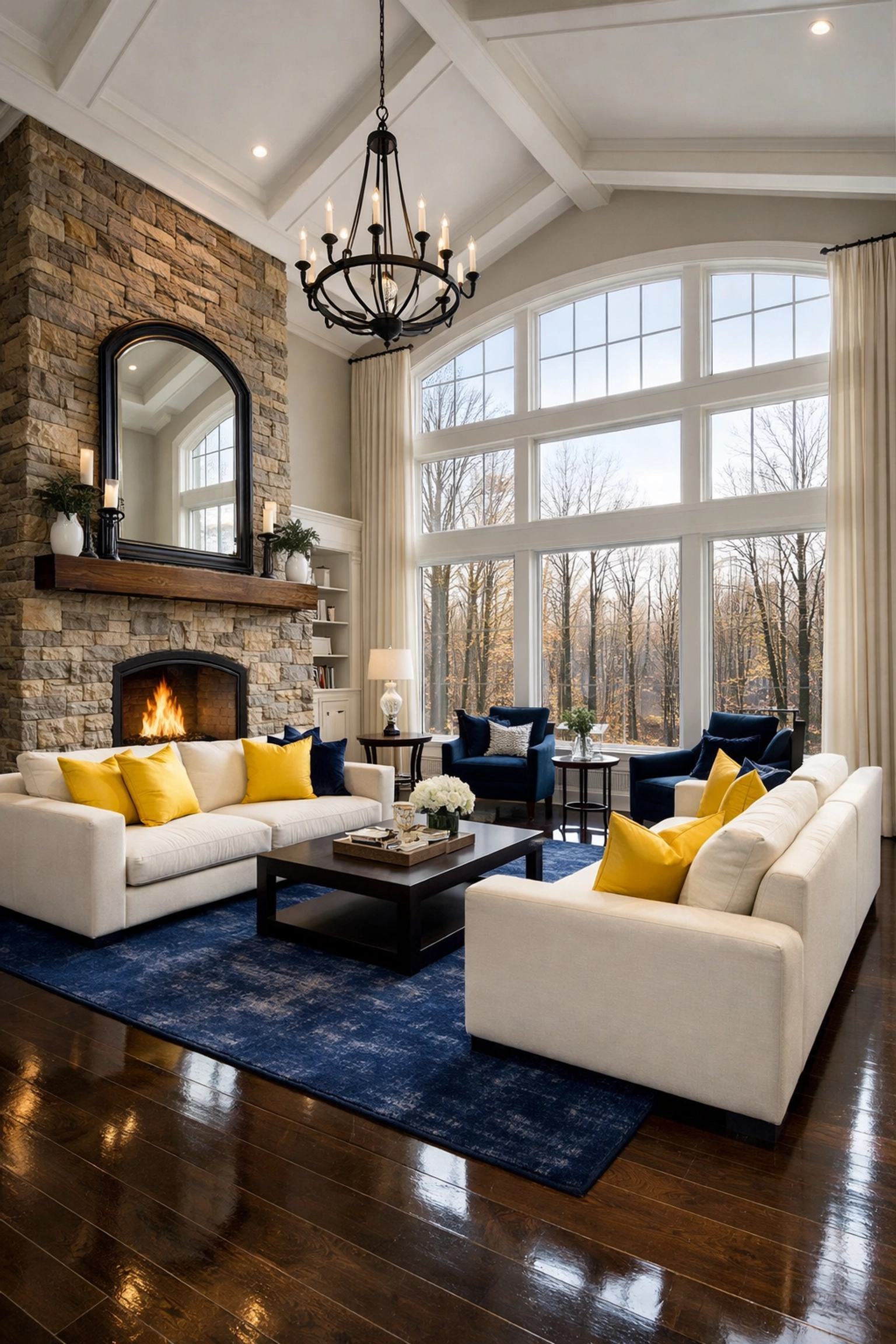 Tailored house cleaning Ashburnham MA for luxury living rooms with hardwood floors and scenic forest views.