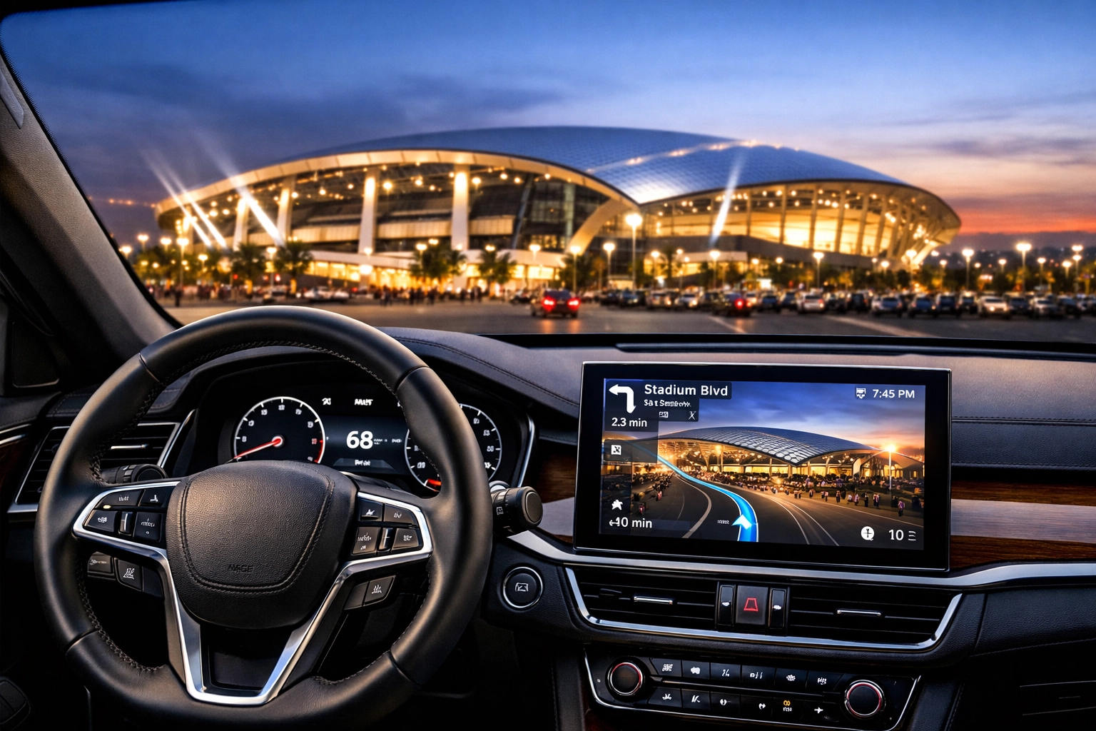 NEWSLETTER: Your 48-Hour Playbook for Flawless Super Bowl Executive Comfort, Transportation, Security, and Networking Combined Executive vehicle interior approaching Super Bowl stadium at dusk