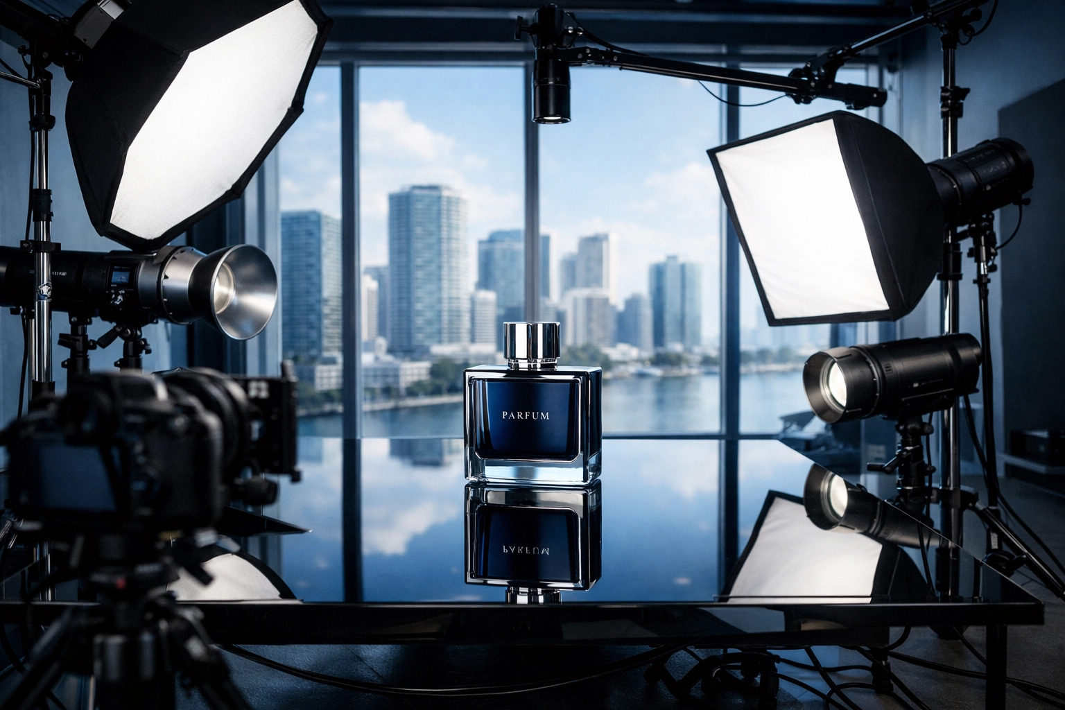 Professional product photography setup in a Miami studio overlooking the Brickell skyline.