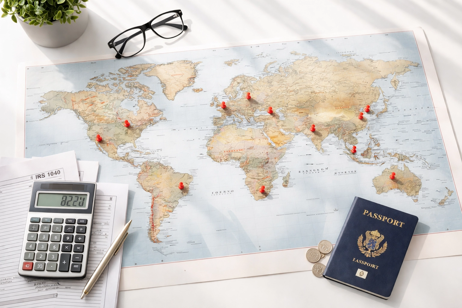 World map with red pins, tax documents, and U.S. passport on desk, illustrating global tax compliance for digital nomads