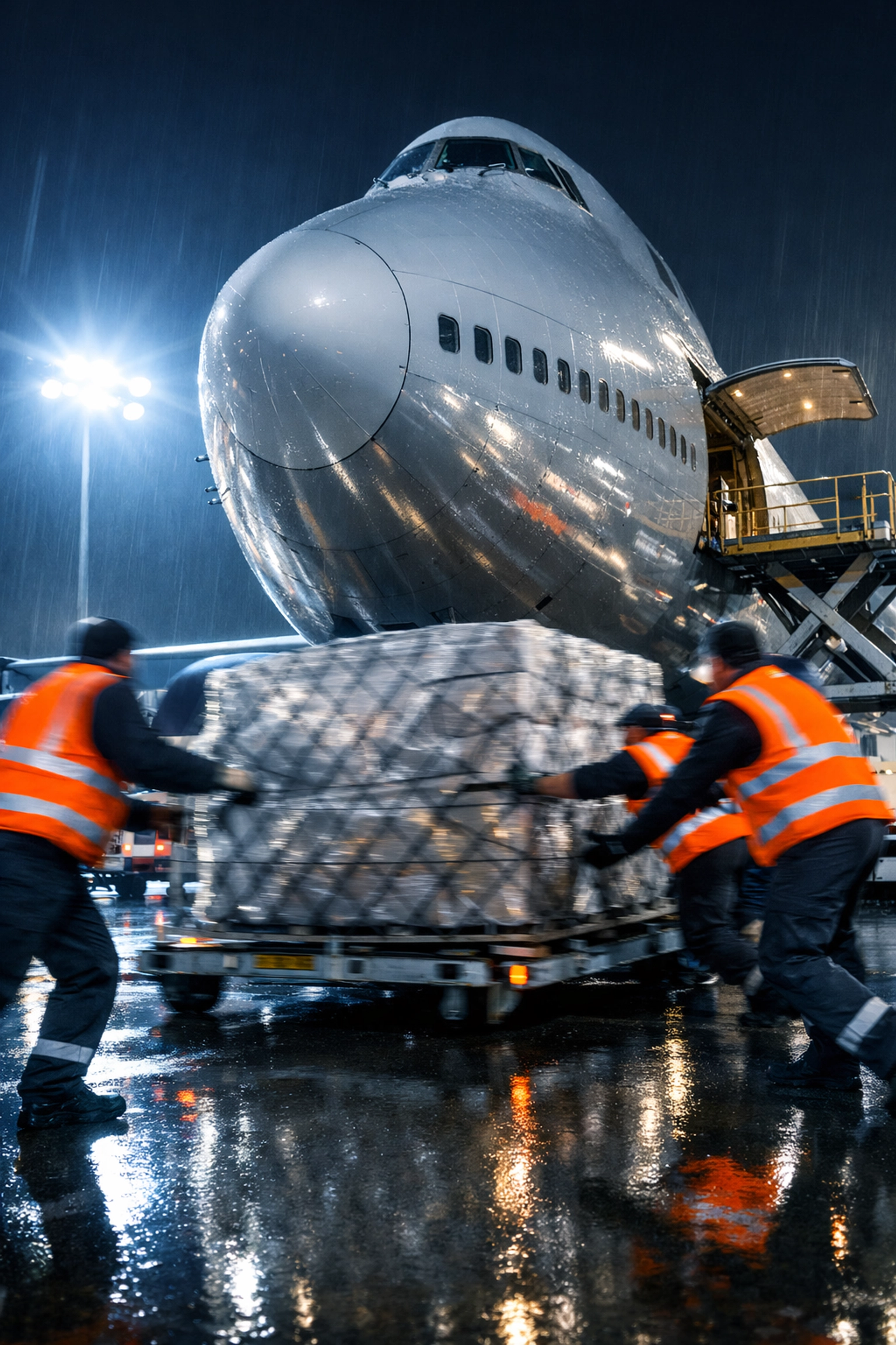 Cargo plane being loaded at night for fast air freight delivery as an alternative to sea freight.