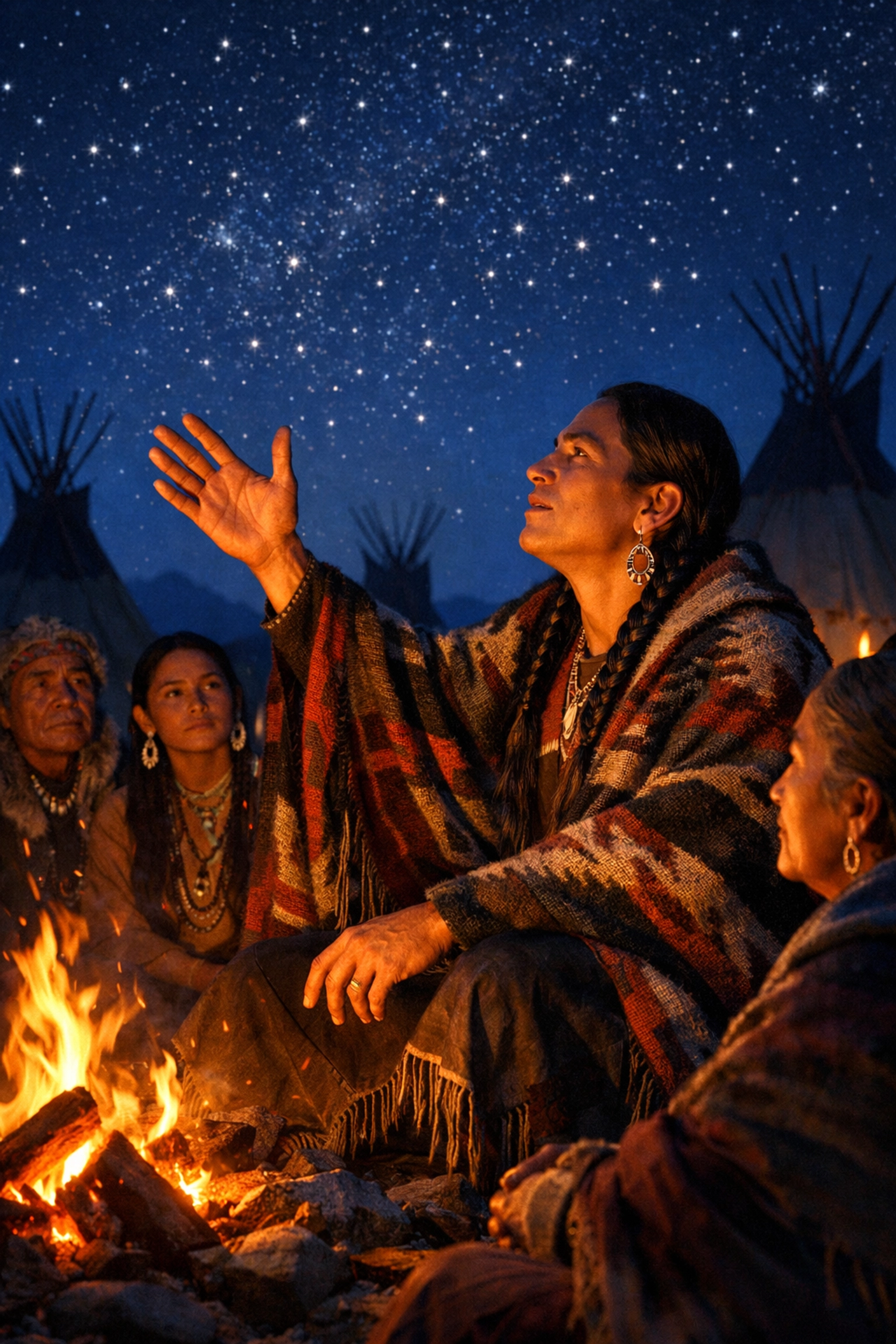 A Two-Spirit storyteller sharing ancestral knowledge by a campfire at a traditional Indigenous campsite.