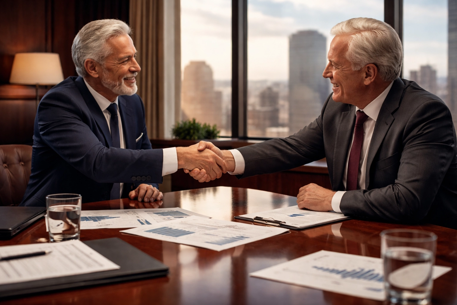 Senior executives shaking hands in a boardroom, illustrating successful media consulting and deal-making