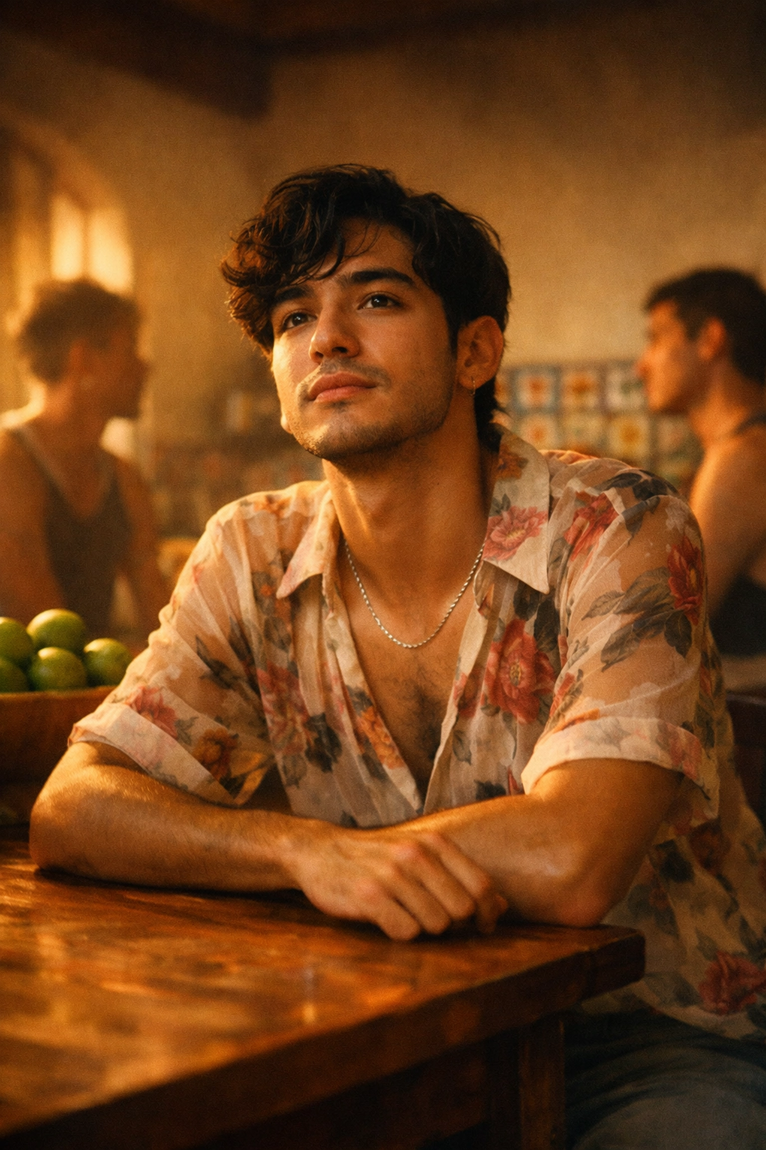 A young Latino man in a floral shirt sits at a kitchen table, subverting machismo and embracing queer authenticity.