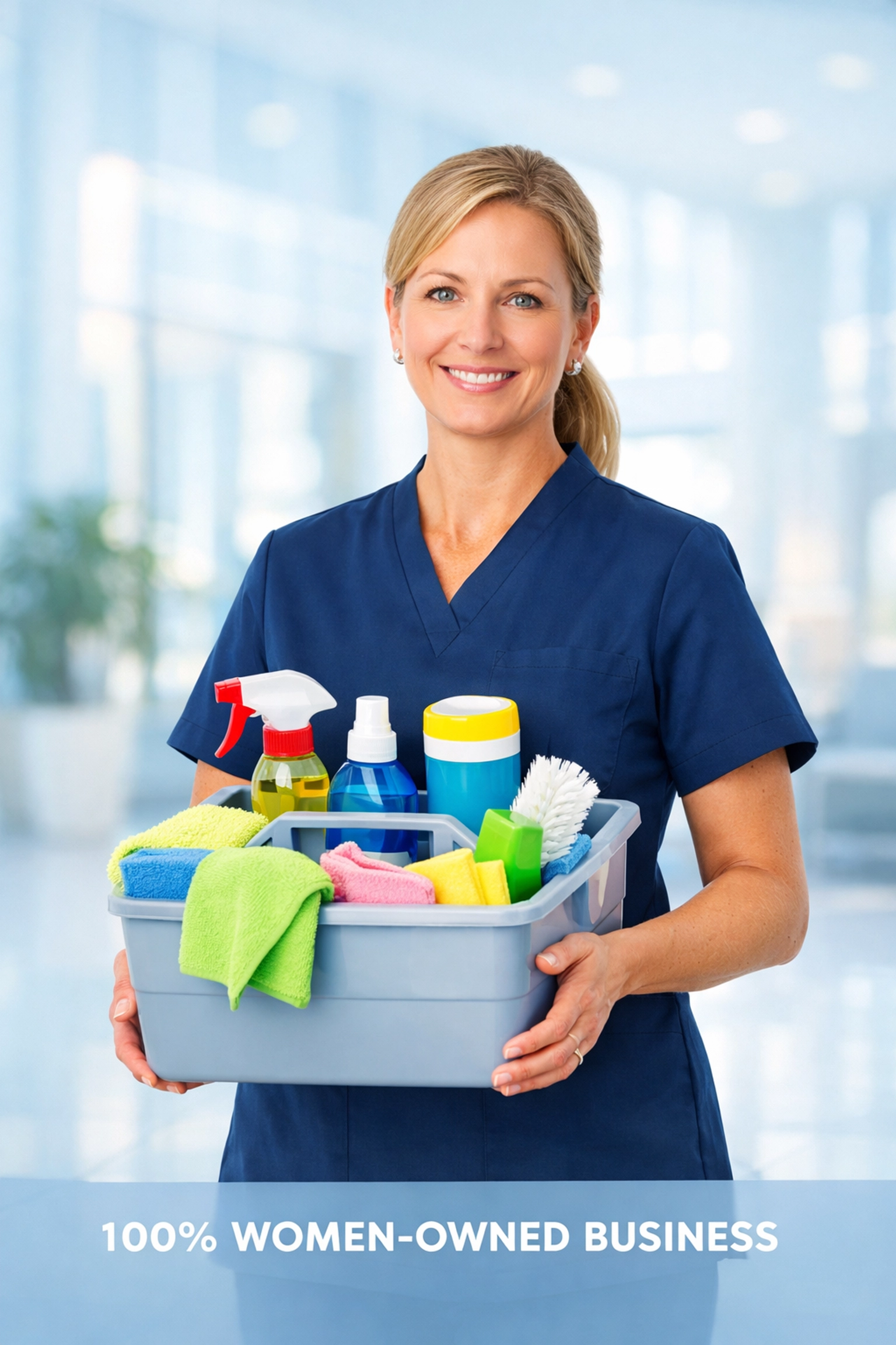 Uniformed professional from a women-owned cleaning service in Waterloo, IA, with a stocked cleaning caddy.