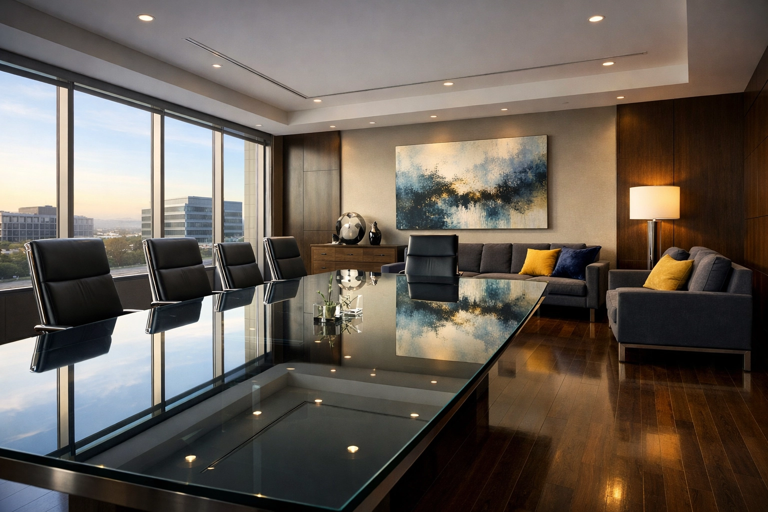 Professional Wakefield office cleaning showing a spotless executive suite with polished wood floors.