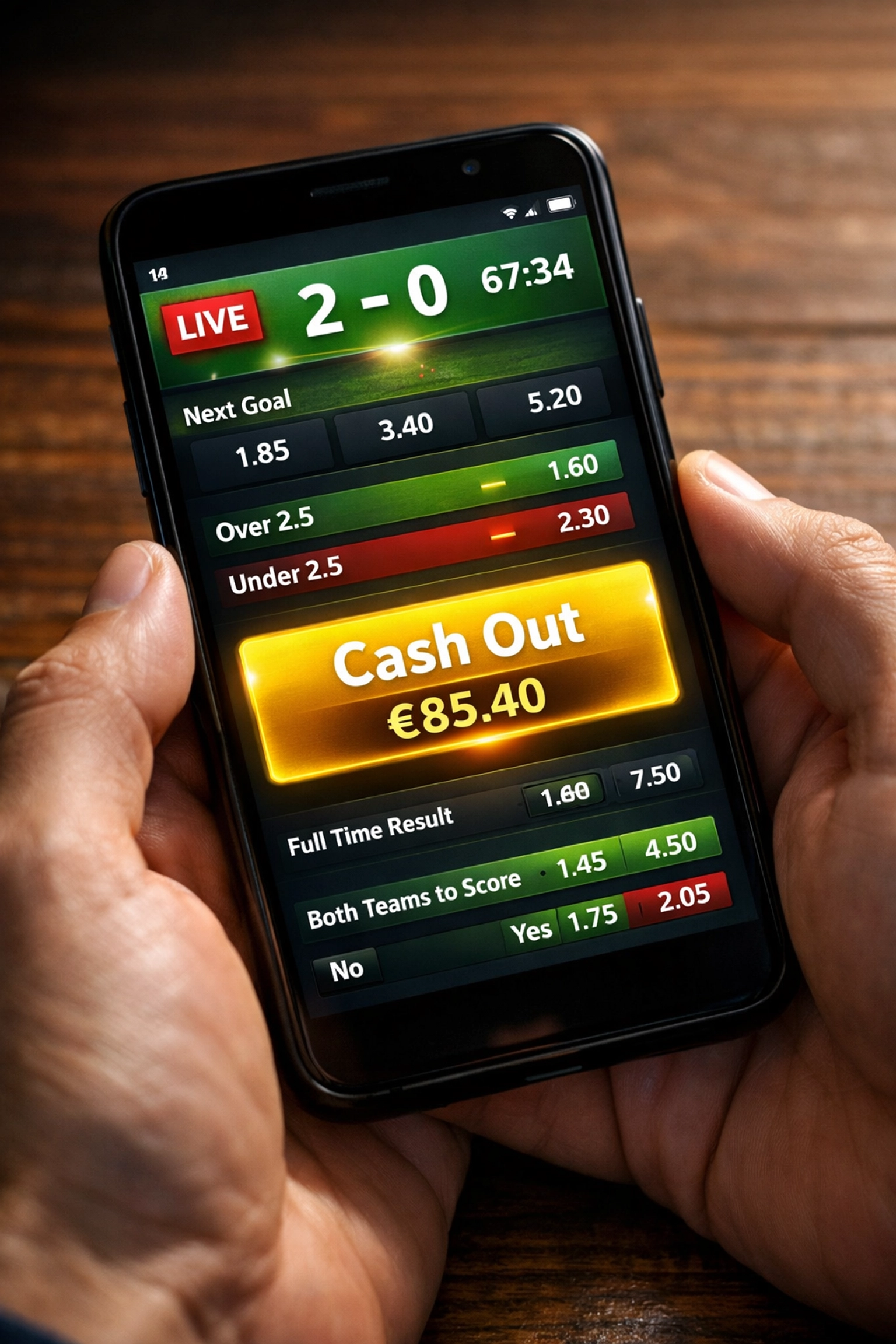Cash-Out Funktion auf Sportwetten-App mit Live-Quote und Spielstand 2:0