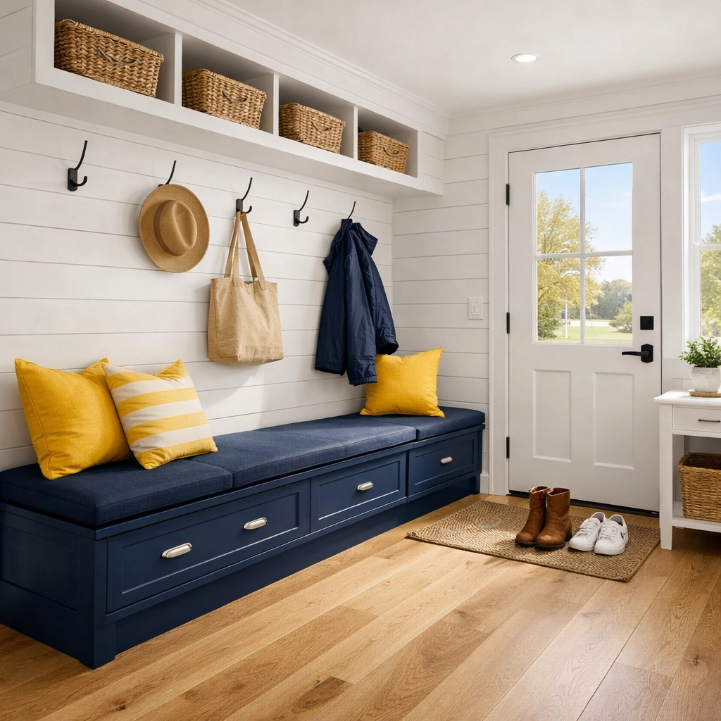 Clean and organized modern mudroom in Rutland, MA, after a visit from professional cleaners.
