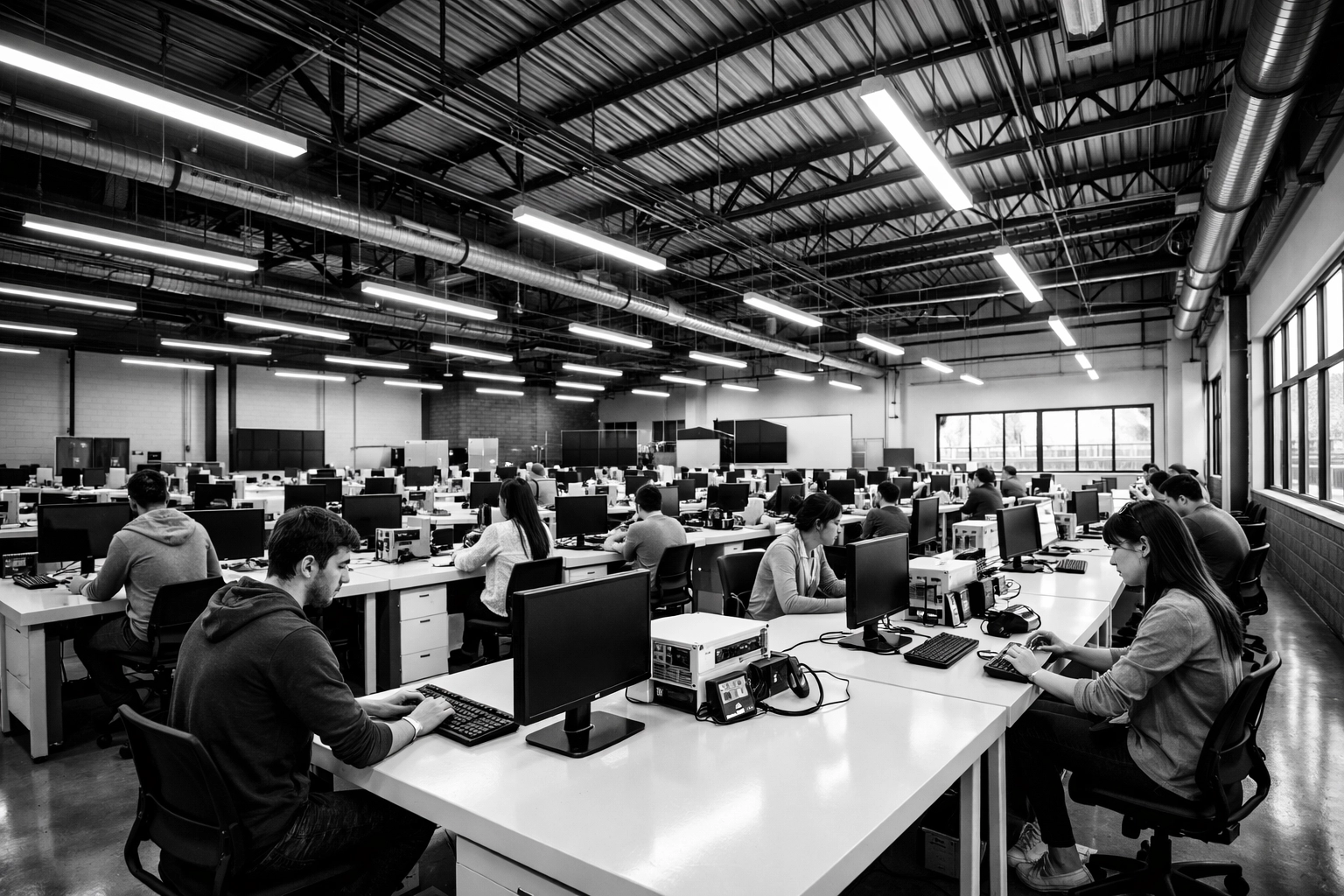 Modern warehouse transformed into workforce training facility with technology workstations