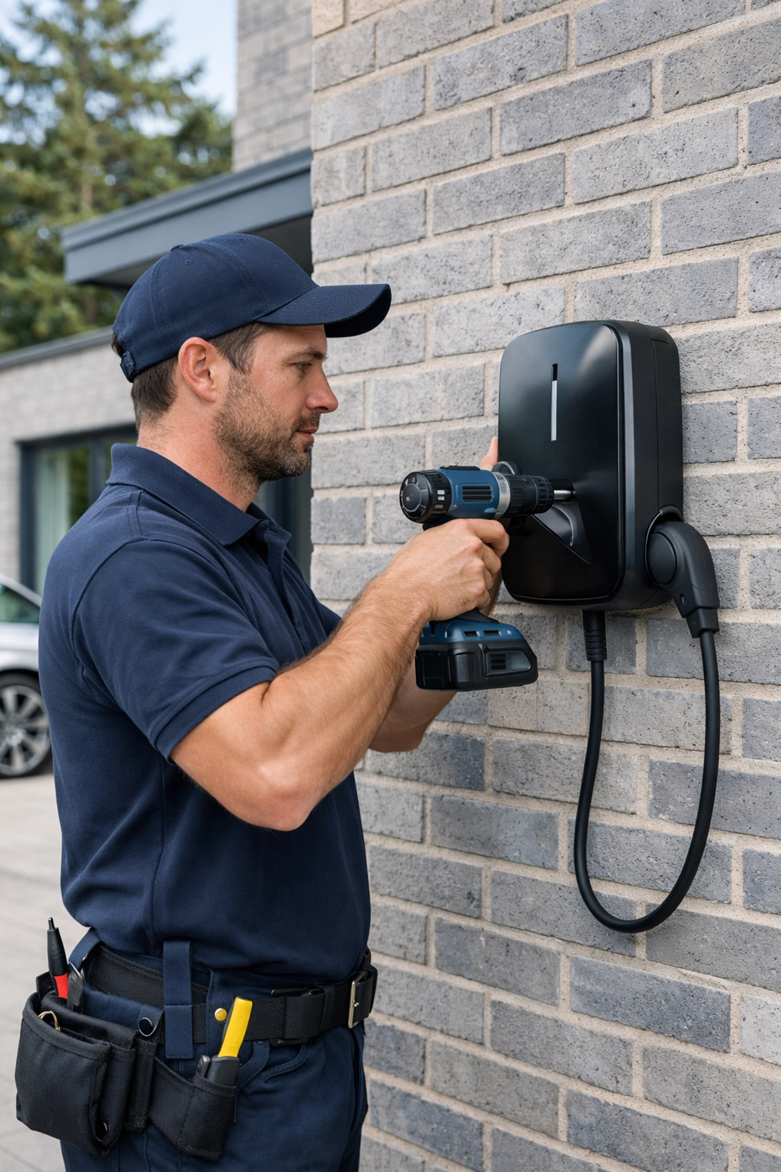 Electrician installing a sleek EV charger on a modern brick home in Ferndown, Dorset.