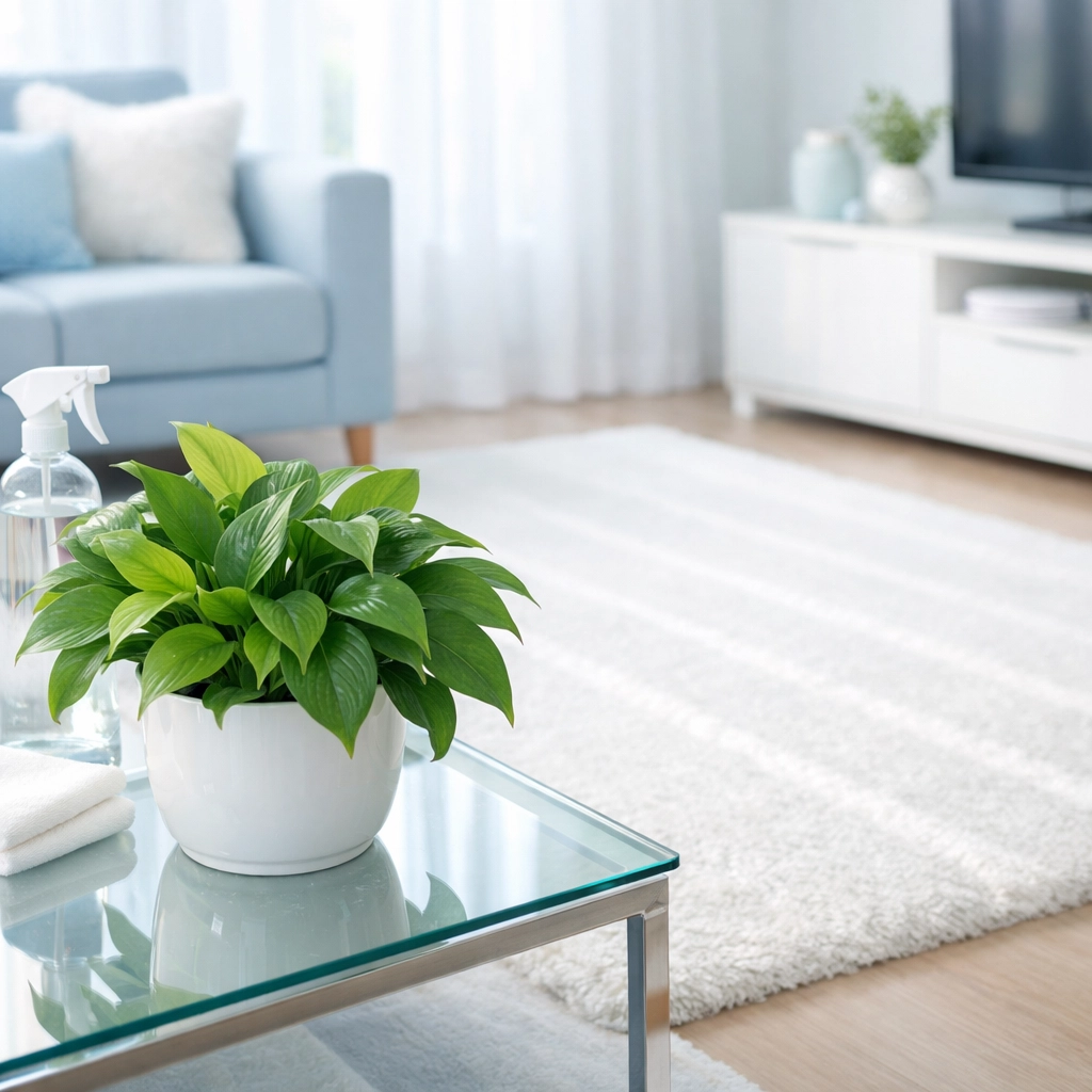 Sunlit living room sanitized with eco-friendly products during a bi-weekly house cleaning visit.