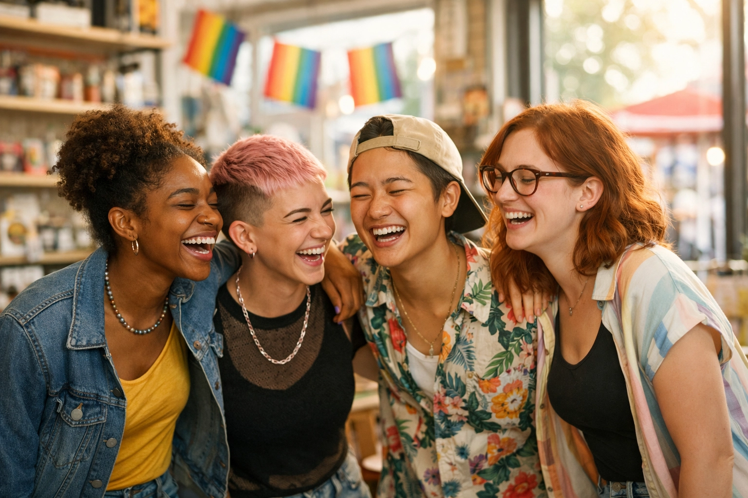 LGBTQ+ friends shopping together in a welcoming queer-owned boutique store
